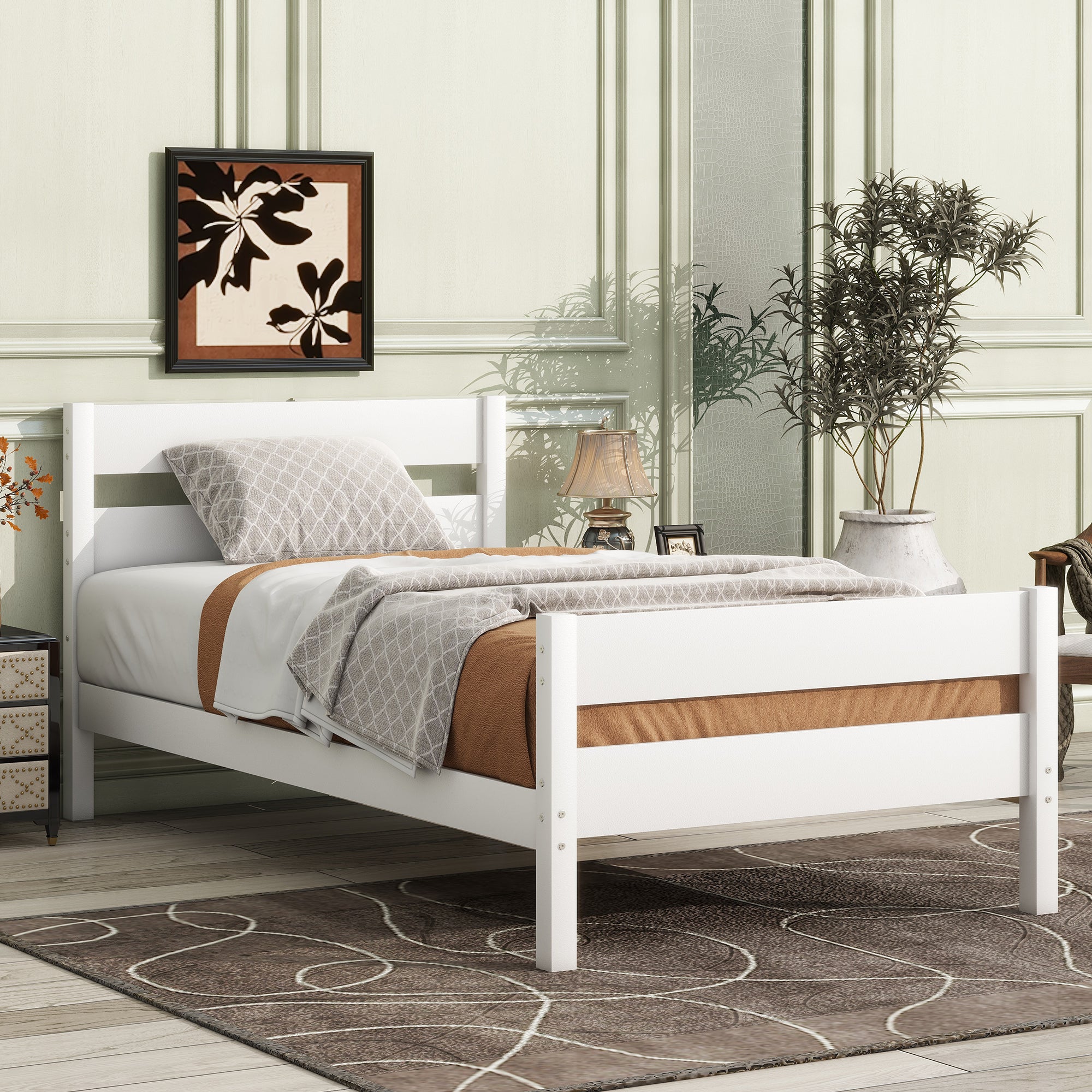 UHOMEPRO Twin Size Solid Wood Platform Bed Frame, Solid Wood Single Bed with Headboard, Slat Support, No Box Spring Needed, Easy Assembly, Espresso