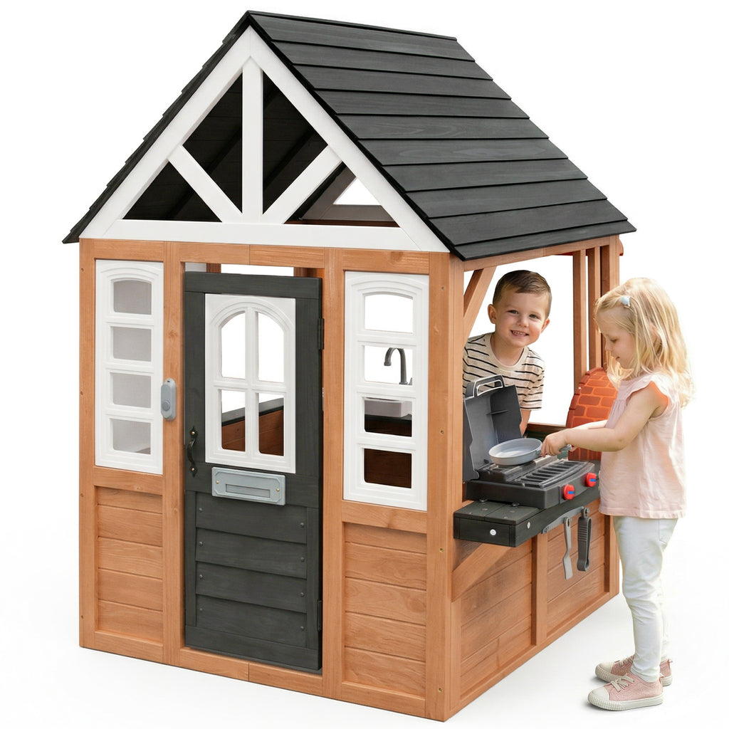COCLUB Outdoor Tool Shed Playhouse for Kids, Wooden Play House with Workbench & Accessories, Blue and Red Toddler Play Set, Toys for Backyard