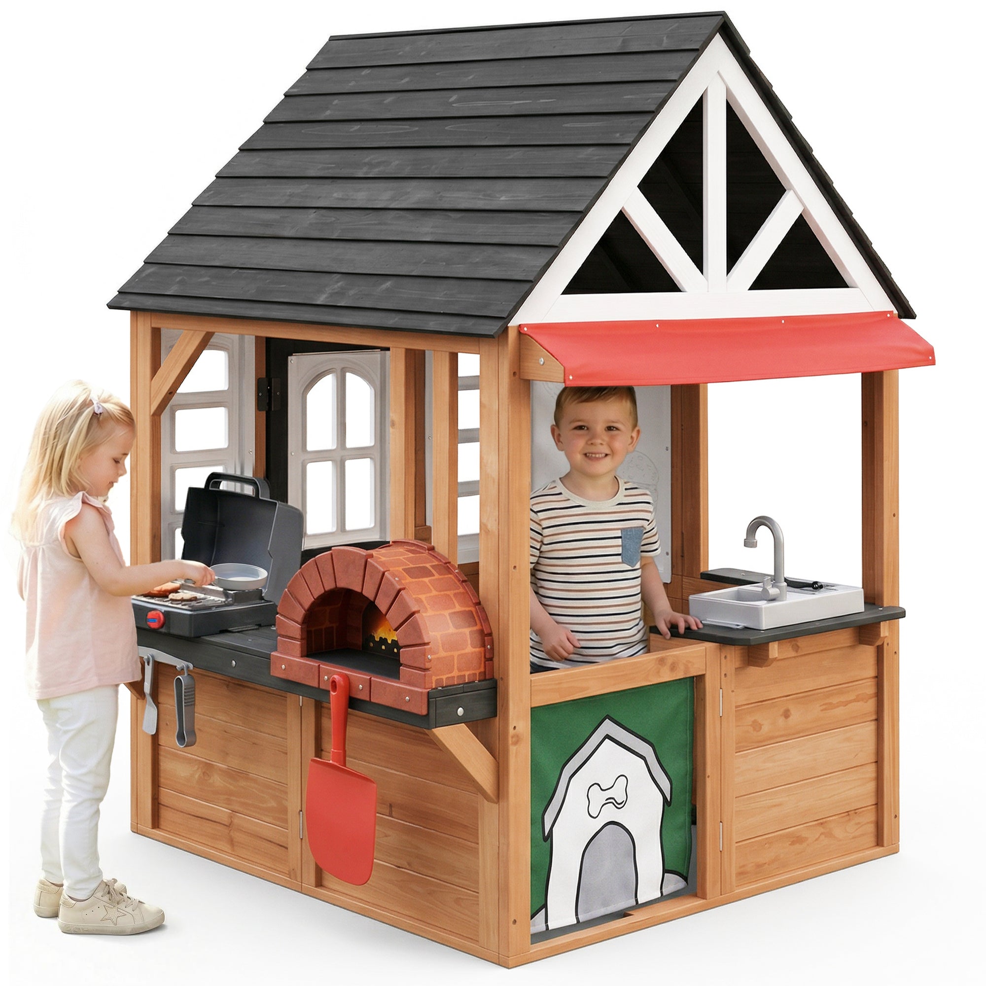 COCLUB Outdoor Tool Shed Playhouse for Kids, Wooden Play House with Workbench & Accessories, Blue and Red Toddler Play Set, Toys for Backyard