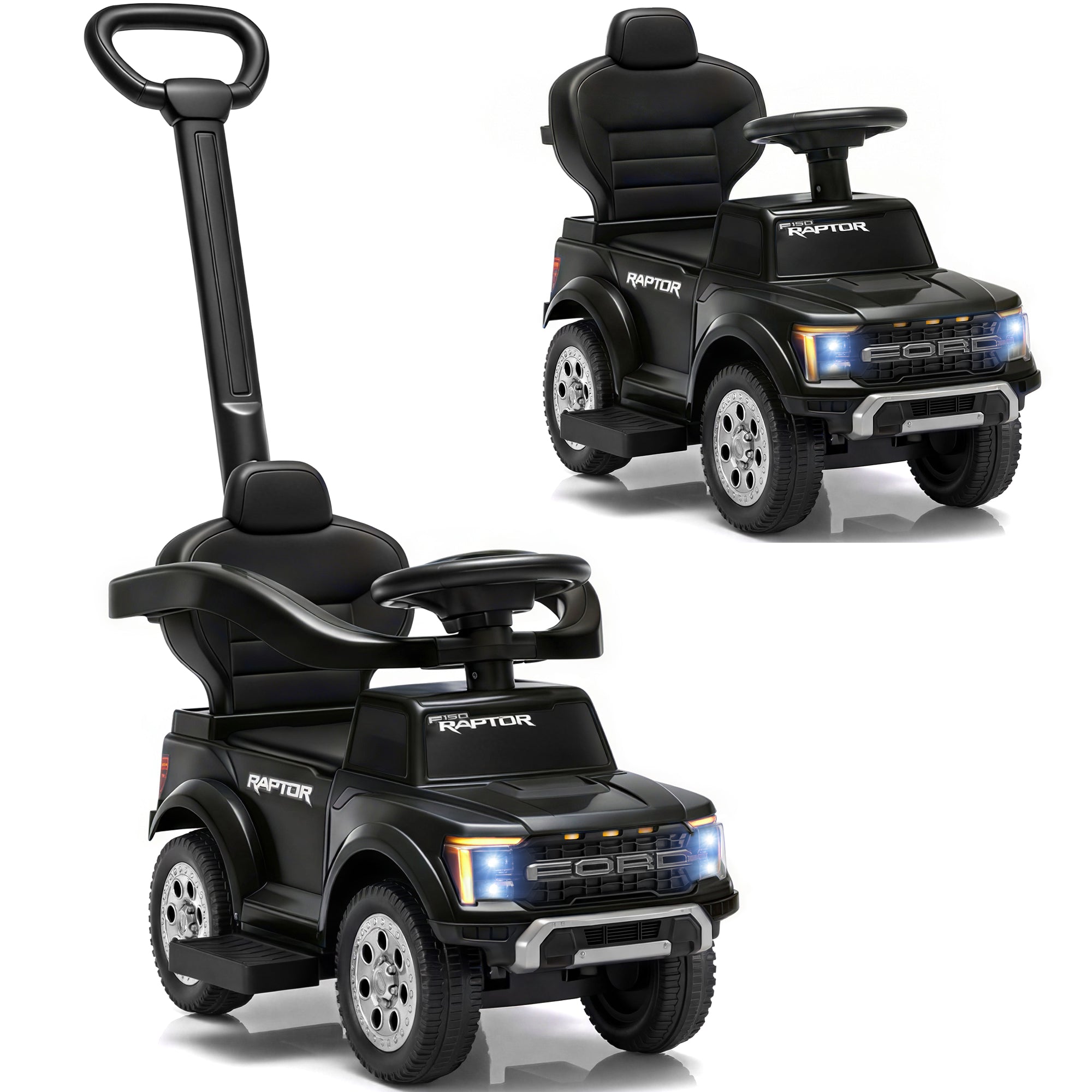 3 In 1 Push Car for Toddlers, Licensed Ford F-150 Ride On Push Car with Removable Parents Handle, Guardrails, Horn, LED Light, Kids Ride On Toy for Ages 18-36 Months, Black