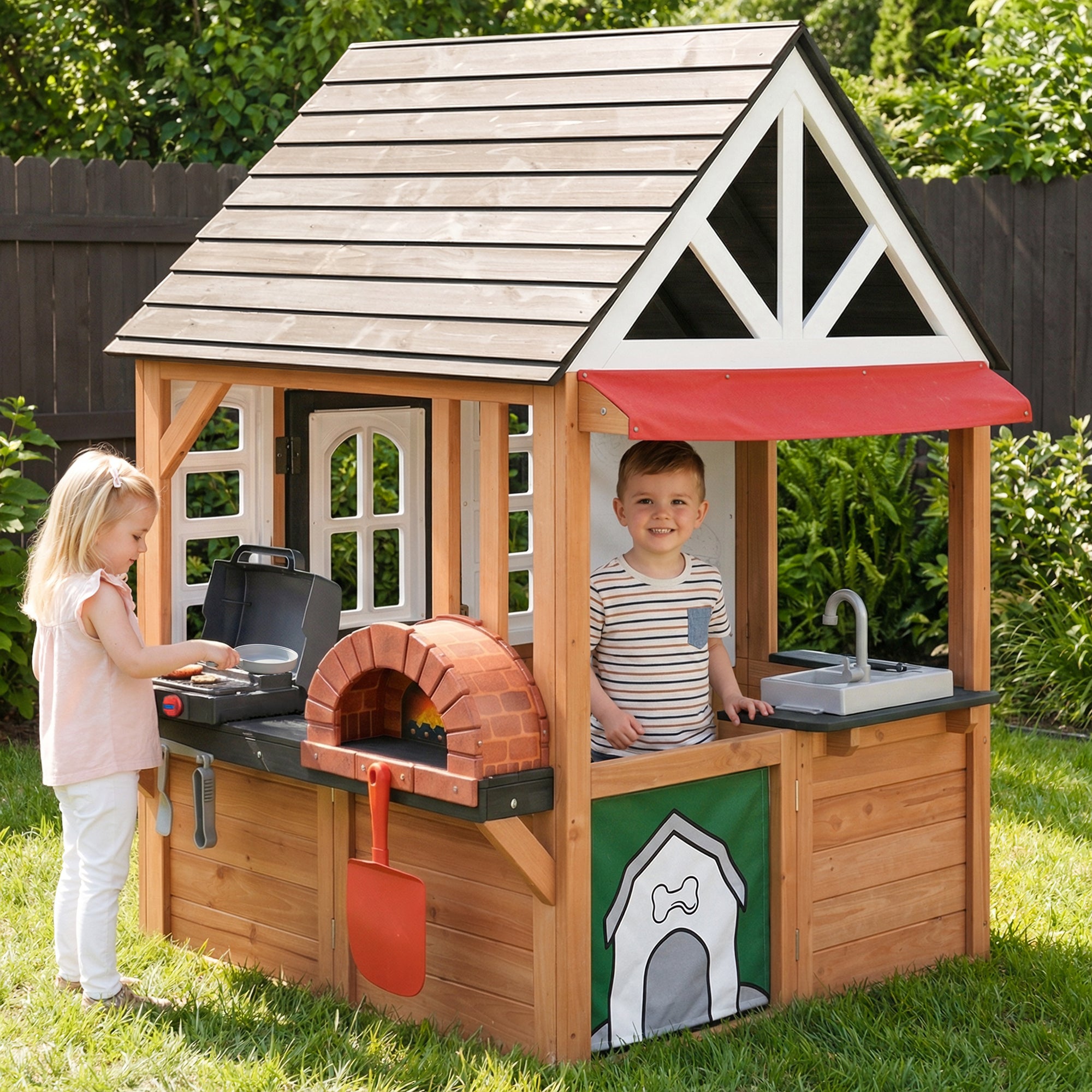 COCLUB Outdoor Tool Shed Playhouse for Kids, Wooden Play House with Workbench & Accessories, Blue and Red Toddler Play Set, Toys for Backyard