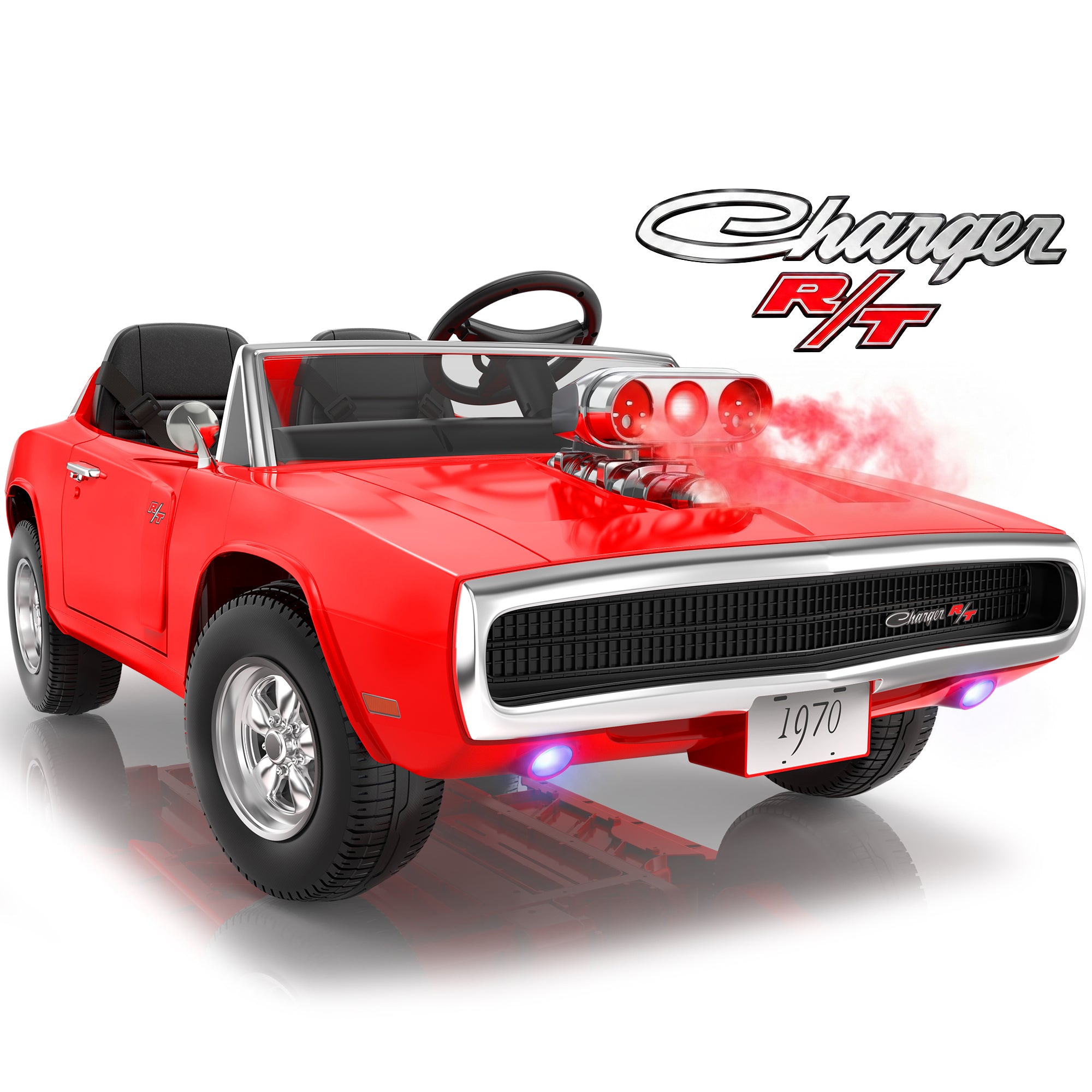 24V Ride On Car for Kids, Licensed Dodge 1970 Charger R/T Electric Car w/Parent Remote Control, Engine Spray, LED Lights, Bluetooth, MP3, 4-Wheel Spring Suspension, Ride On Toys for Ages 3+