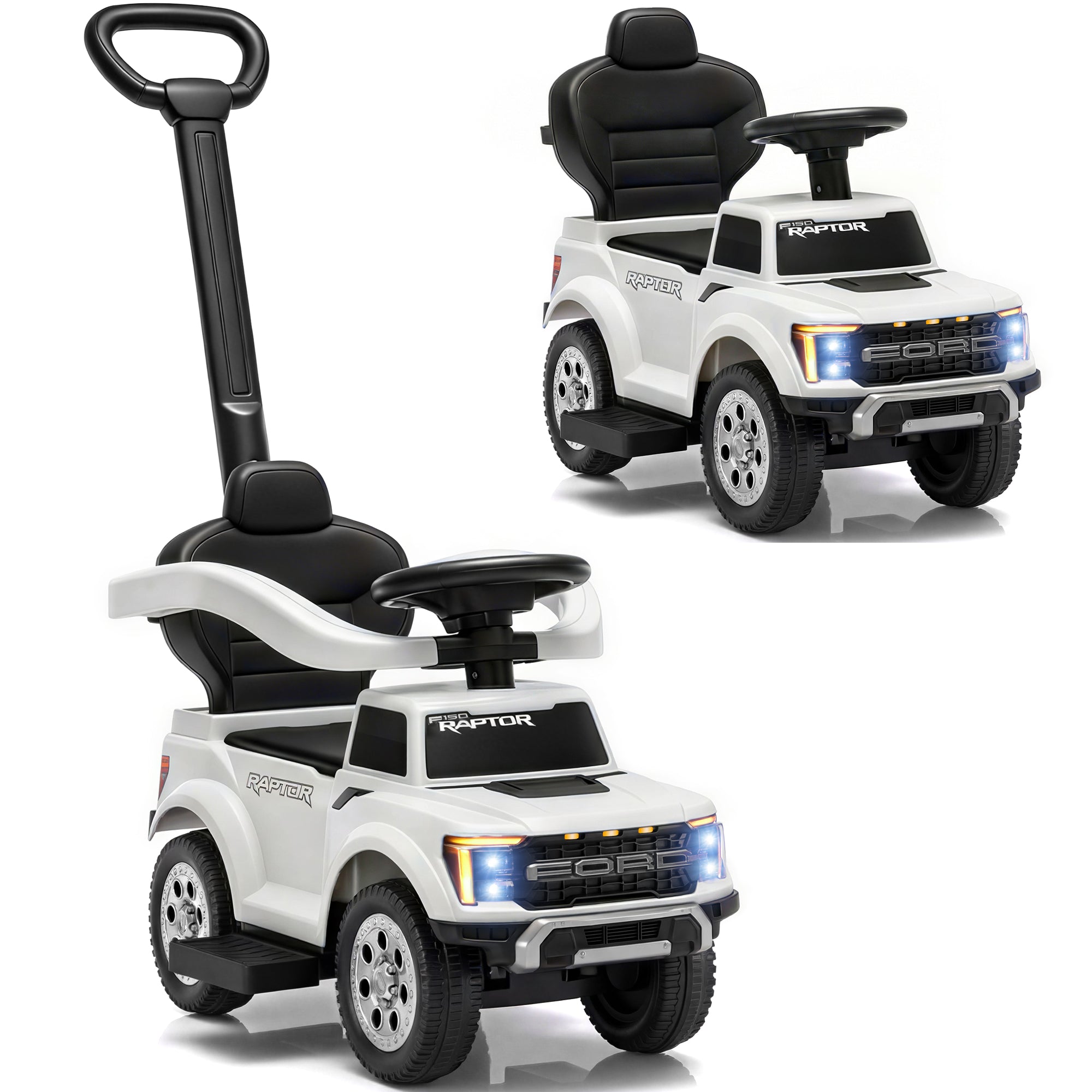 3 In 1 Push Car for Toddlers, Licensed Ford F-150 Ride On Push Car with Removable Parents Handle, Guardrails, Horn, LED Light, Kids Ride On Toy for Ages 18-36 Months, Black