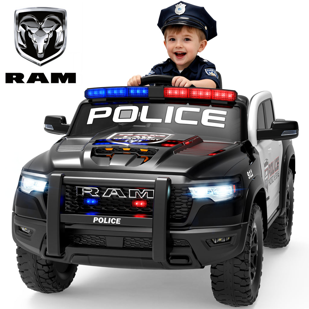 RAM 1500 Ride on Truck Cars, 12V Powered Ride on Toys with Remote Control, 4 Wheel Suspension Electric Cars for 3-5 Yrs Boy Girl W/Key Switch, Safety Belt, Music, Bluetooth, LED, Black Police Truck
