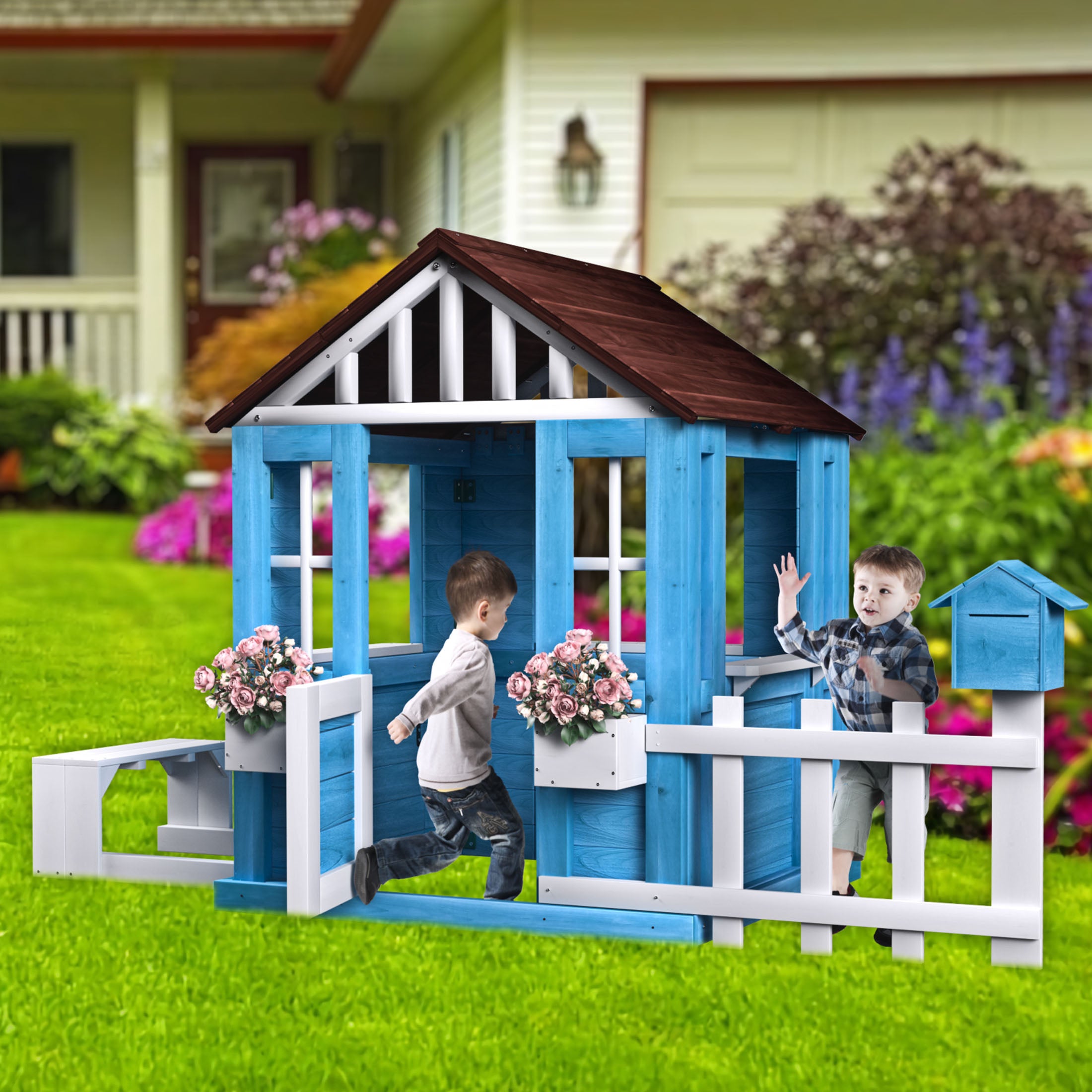COCLUB Outdoor Wooden Playhouse for Kids Ages 4-8 – Durable Playhouse with Outdoor Kitchen, Snack-Bar & Gardening Kit, Fence (49.5"x62.3"x52.8") | Casa Para Niños de Jardín