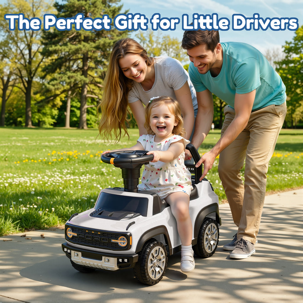 Ride On Car for Toddlers 1–3, Ford Bronco Ride On Toy with Steering Wheel, Music, Horn & Engine Sounds, Under Seat Storage, Silent Wheels, Easy Walker & Push Car for Boys & Girls, White