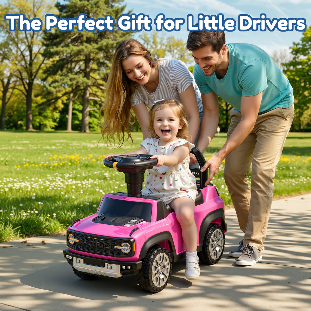 Ride On Car for Toddlers 1–3, Ford Bronco Ride On Toy with Steering Wheel, Music, Horn & Engine Sounds, Under Seat Storage, Silent Wheels, Easy Walker & Push Car for Boys & Girls, Pink