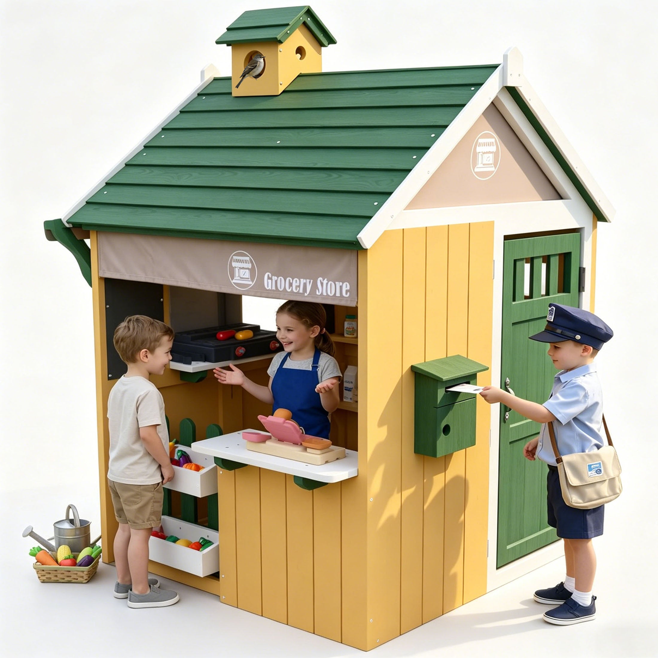 COCLUB Playhouses for Kids Outside, Grocery Store Pretend Play w/ Toy Cash Register and Pretend Food, Wood Casitas Para NiñAs w/Easy Bake Oven, Cooking Toys, Mailbox, Backyard Play House White