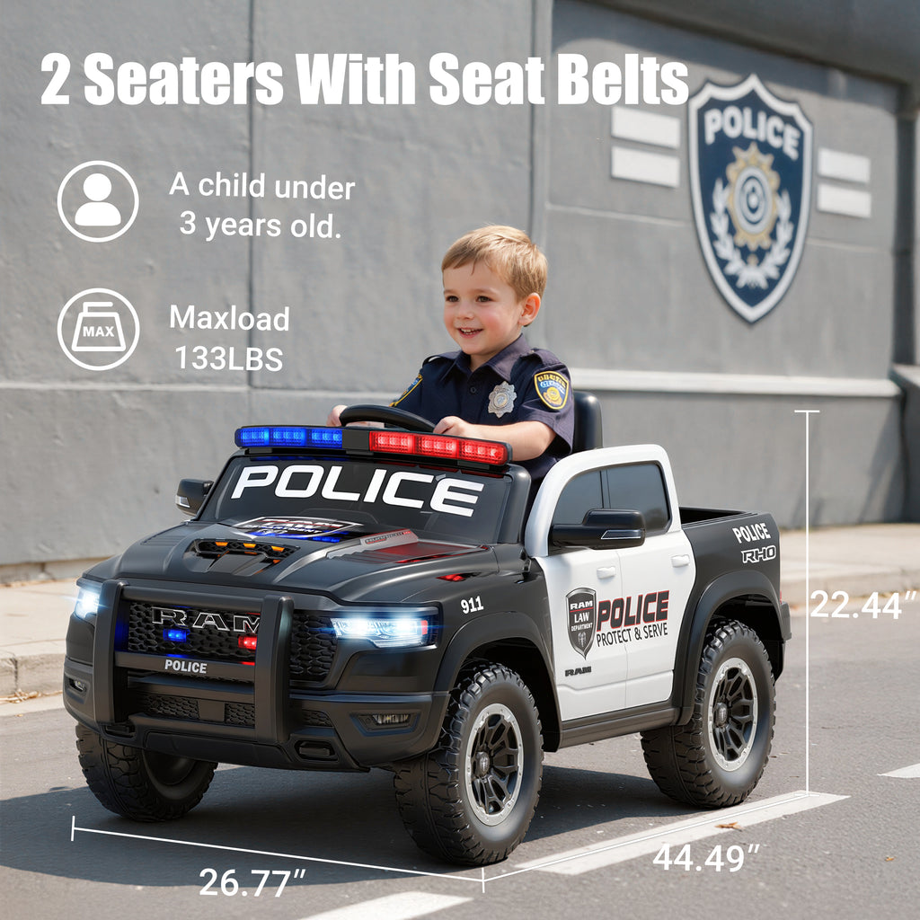 RAM 1500 Ride on Truck Cars, 12V Powered Ride on Toys with Remote Control, 4 Wheel Suspension Electric Cars for 3-5 Yrs Boy Girl W/Key Switch, Safety Belt, Music, Bluetooth, LED, Black Police Truck