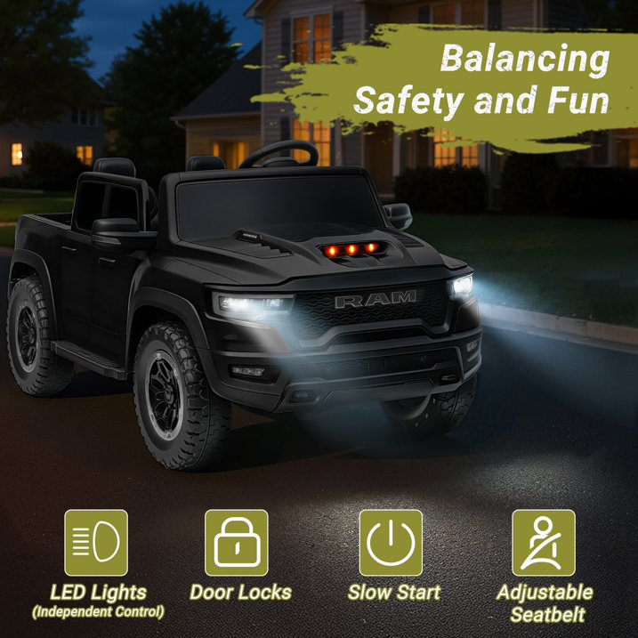 RAM 1500 24V Powered Ride on Cars for Kids, Extra large Real 2 Seat Ride on Toys with Remote Control, LED Light, MP3 Player, Electric Vehicles Ride on Truck for Boys Girls Gifts, Black