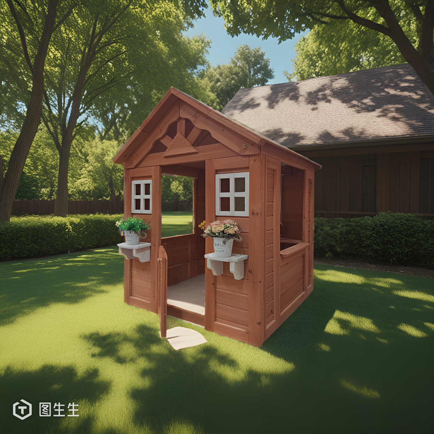 COCLUB Outdoor Playhouse for Kids 3-8, Wooden Playhouse with Door & Windows – Toddler Outdoor Playset, Kids Play House with Flower Pot Holder (42”L x46”W)