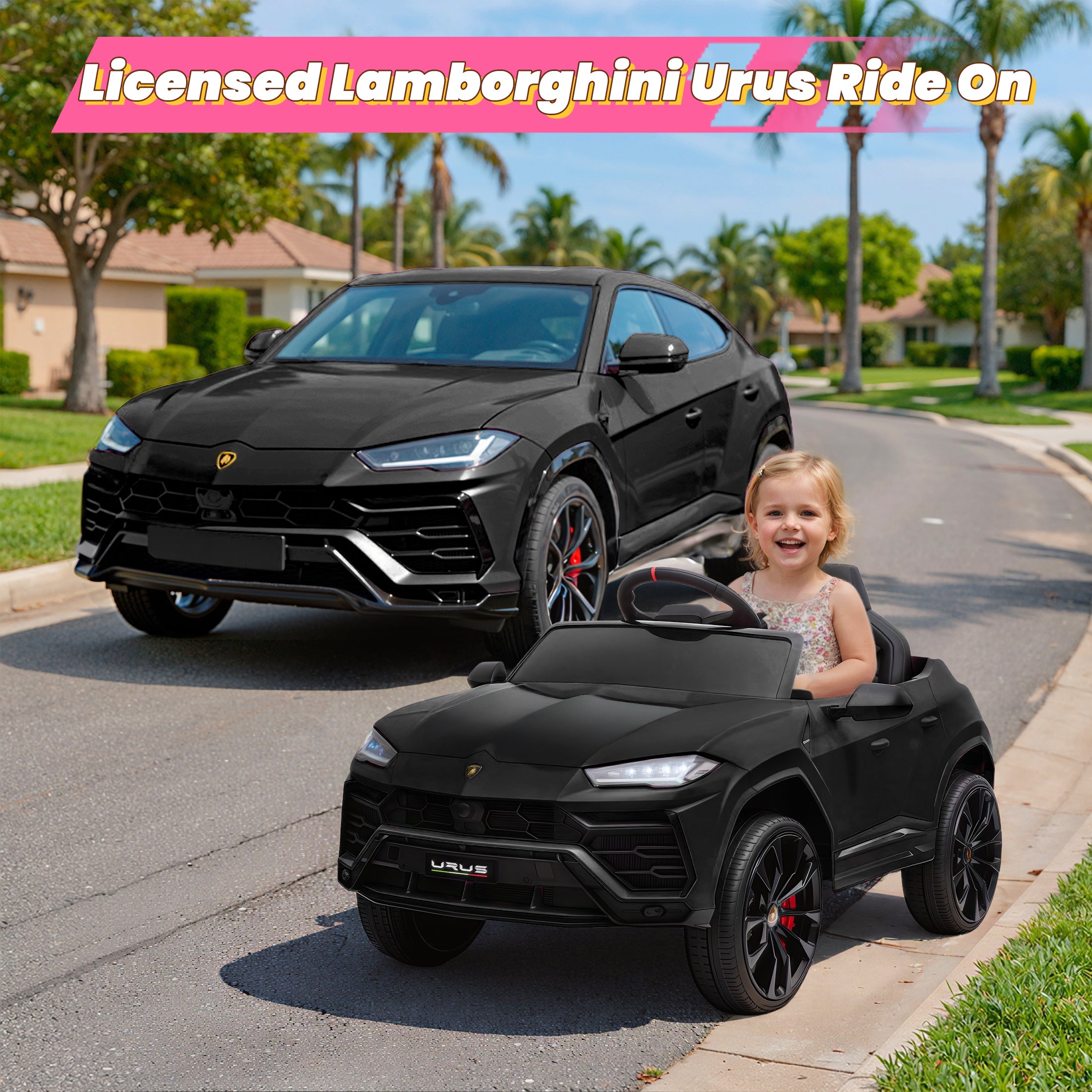 Lamborghini 12V Kids Ride On Car with Remote Control, Battery Powered Electric Car with 4 Wheels, USB, Ride On Toys for 3+ Years Olds Girls Boys, Pink