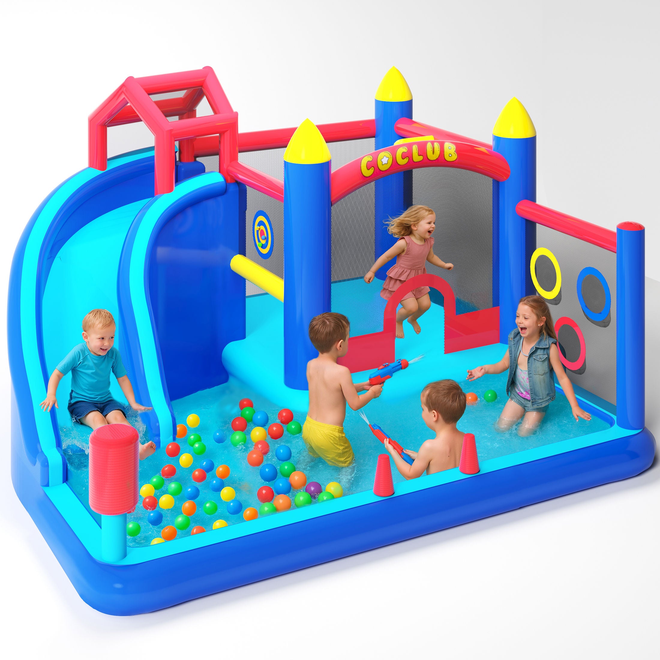 COCLUB Inflatable Bounce House for Kids Outdoor & Indoor, Toddler Bouncy Castle with Slide, Blower, Ball Pit - 6-in-1 Jumping Toy for Ages 2-5 (154x113x90”)