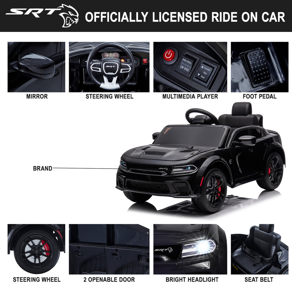 12V Ride On Car, Dodge Charger Powered Electric Car with Battery Powered, Bluetooth, Remote Control, LED Light, Ride On Toy for Ages 3+ Kids