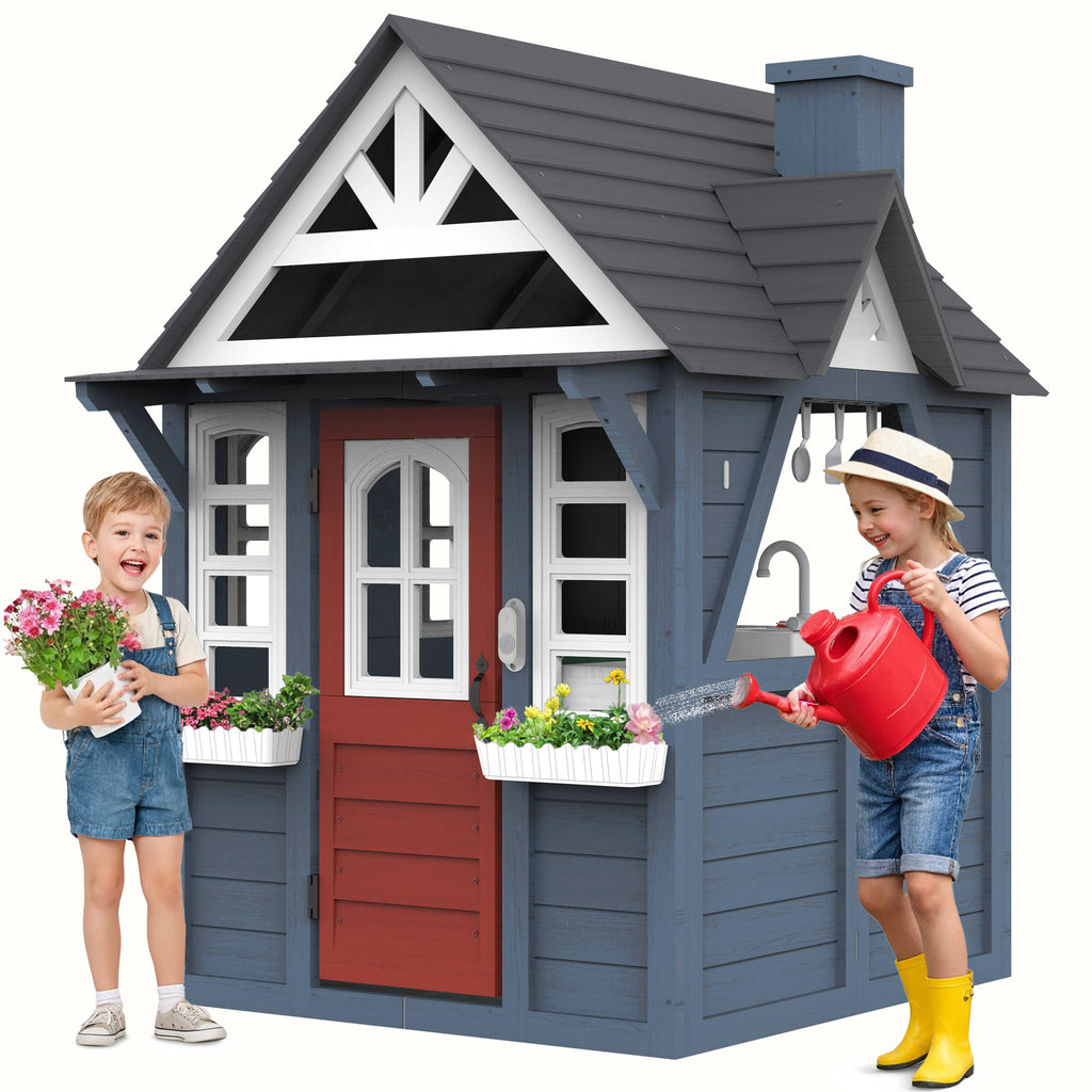 COCLUB Outdoor Playhouse for Kids Ages 4-8, Wooden Play House with Doorbell, Phone, Kitchen Toys, Outdoor Kids Play Equipment, Casa Para Niñas (45”L x 65”H), White & Black