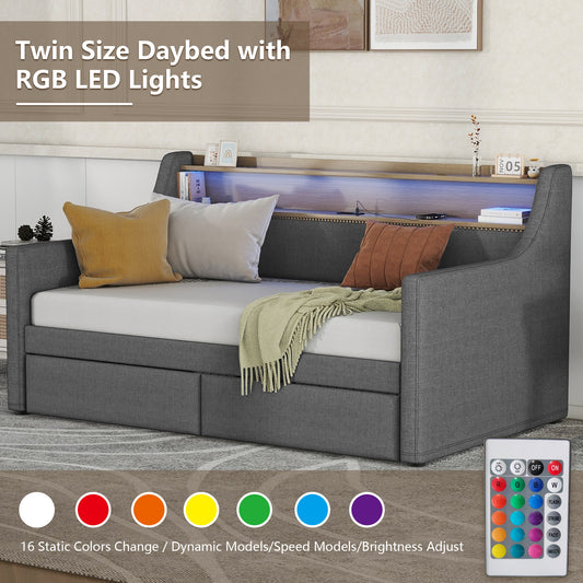 UHOMEPRO Twin Size Daybed with Storage, Upholstered Linen Fabric Daybed with Charging Station and LED Lights