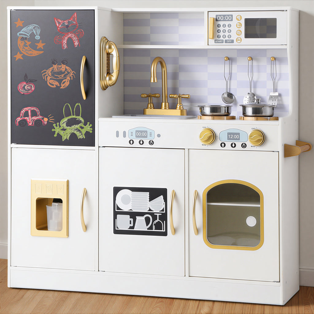 COCLUB Play Kitchen, Wooden Kids Kitchen Playset with Chalkboard, Ice Maker, Play Phone, Cookware Accessories, Microwave Toy Kitchen Gift for Boys Girls Age 3-8 White