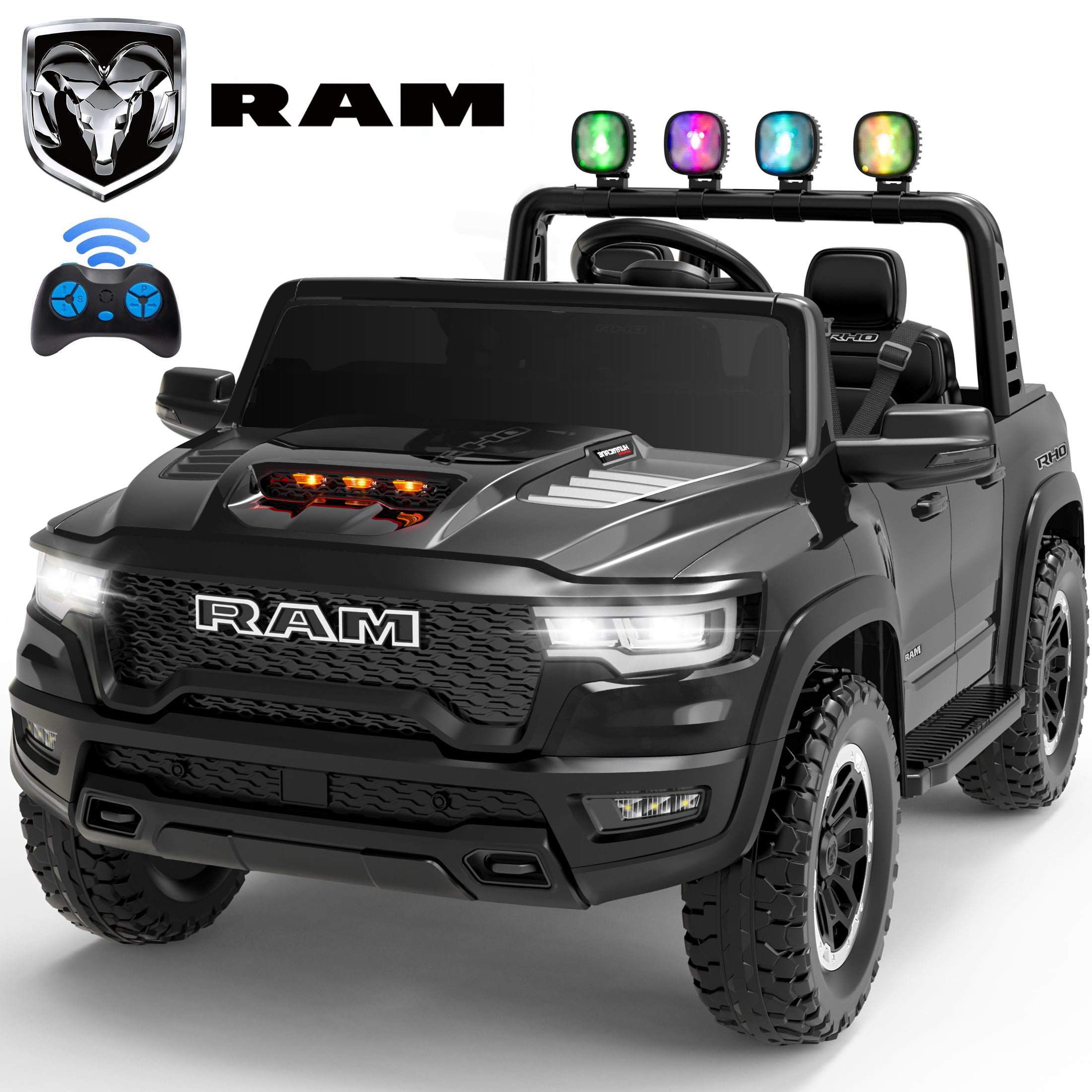 24V 2 Seats Ride On Car for Kids, Licensed RAM RHO 1500 Powered Electric Car with 4 Wheels Spring Suspesion, Ride On Toy for 3-8 Year Boys & Girls with Remote Control, Horm, Siren, LED Lights