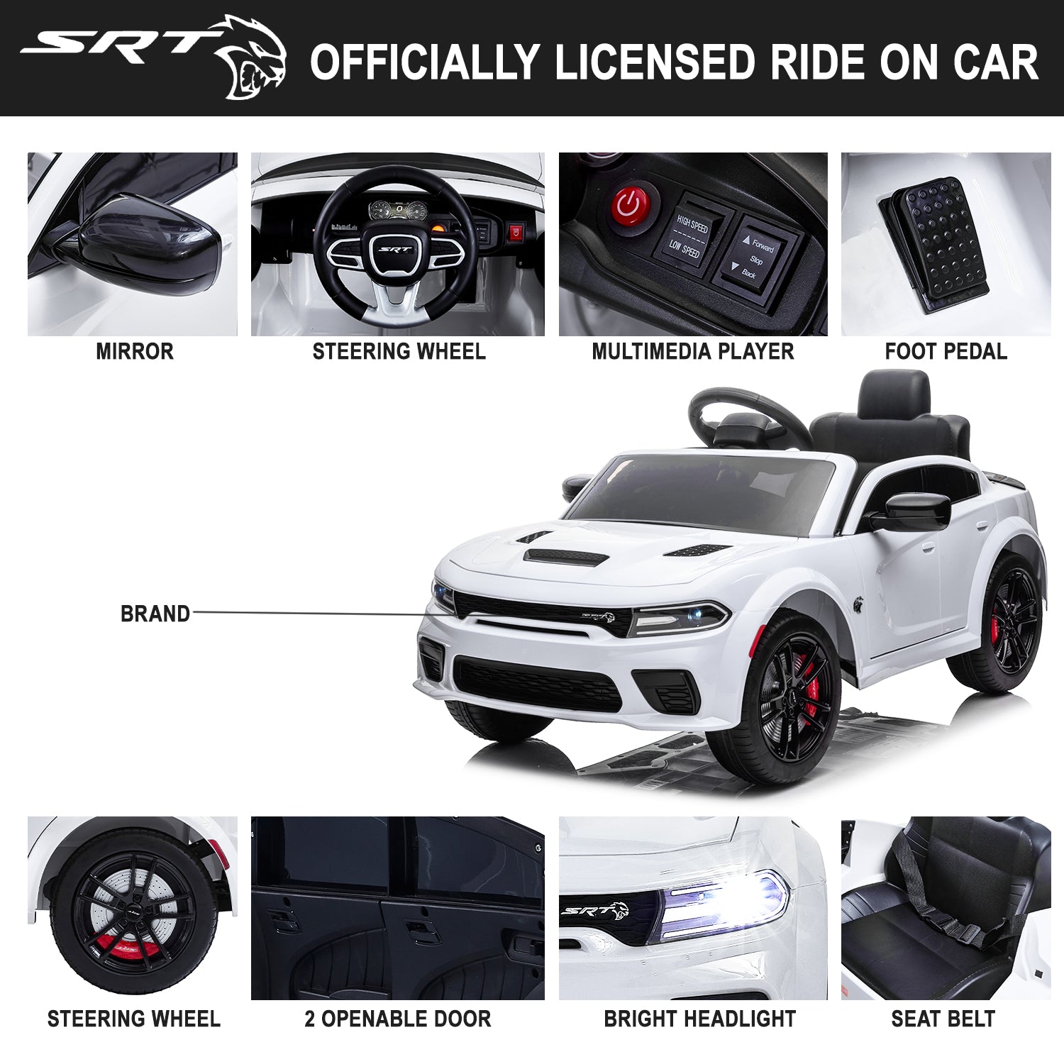 12V Ride On Car, Dodge Charger Powered Electric Car with Battery Powered, Bluetooth, Remote Control, LED Light, Ride On Toy for Ages 3+ Kids