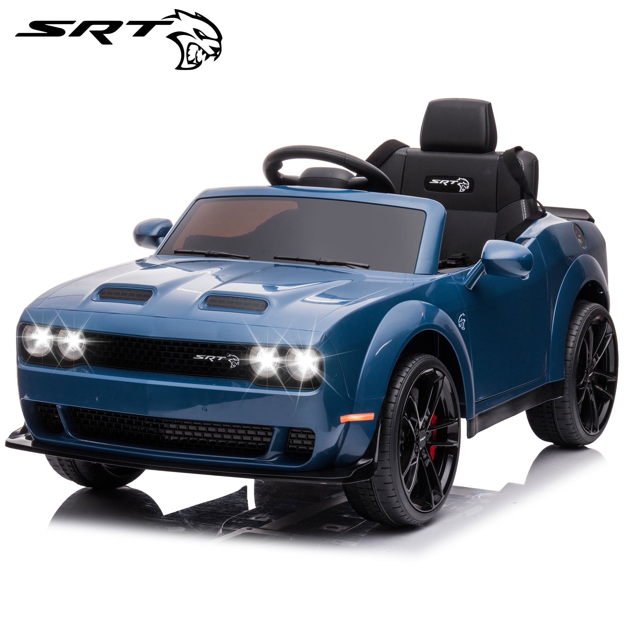 Kids Electric Car, Dodge Challenger SRT Ride on Car, 12V7Ah Battery Powered Electric Vehicle, Kids Hellcat 4-Wheels Ride on Toys with Remote Control, 3 Speeds, LED Headlights, Music Player (Black)