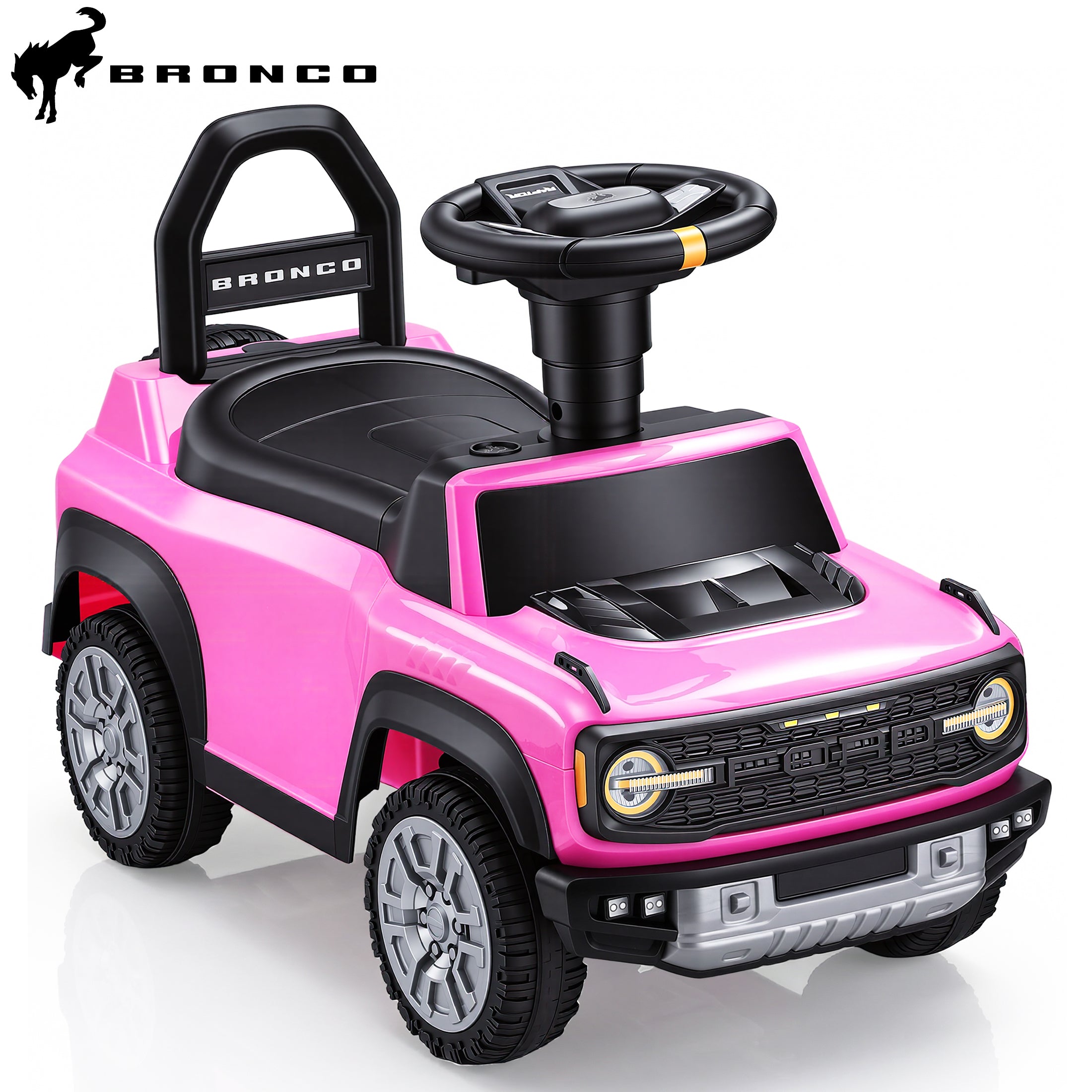 COCLUB Ride On Car for Toddlers 1–3, Ford Bronco Ride On Toy with Steering Wheel, Music, Horn & Engine Sounds, Under Seat Storage, Silent Wheels, Easy Walker & Push Car for Boys & Girls, Pink