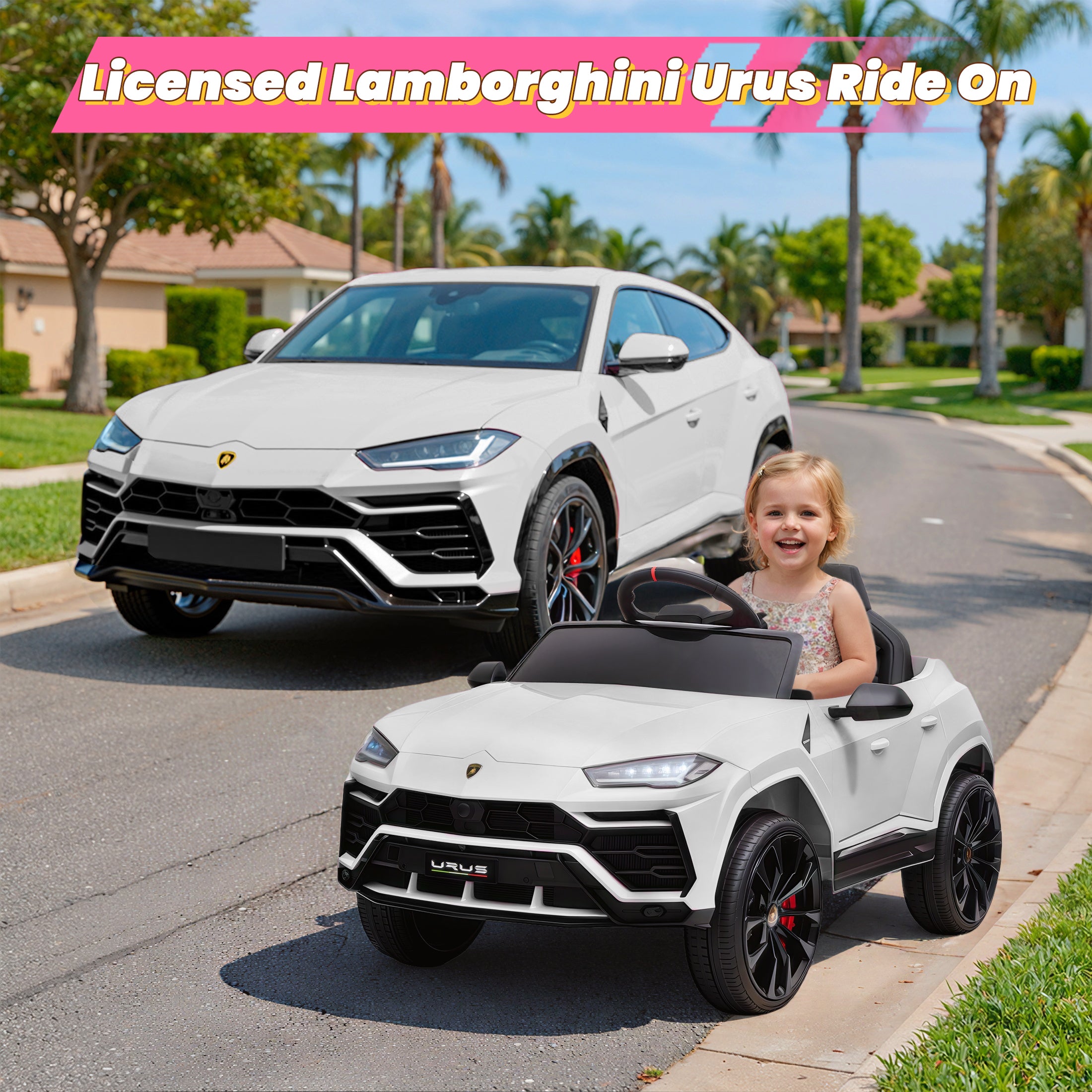 Lamborghini 12V Kids Ride On Car with Remote Control, Battery Powered Electric Car with 4 Wheels, USB, Ride On Toys for 3+ Years Olds Girls Boys, Pink