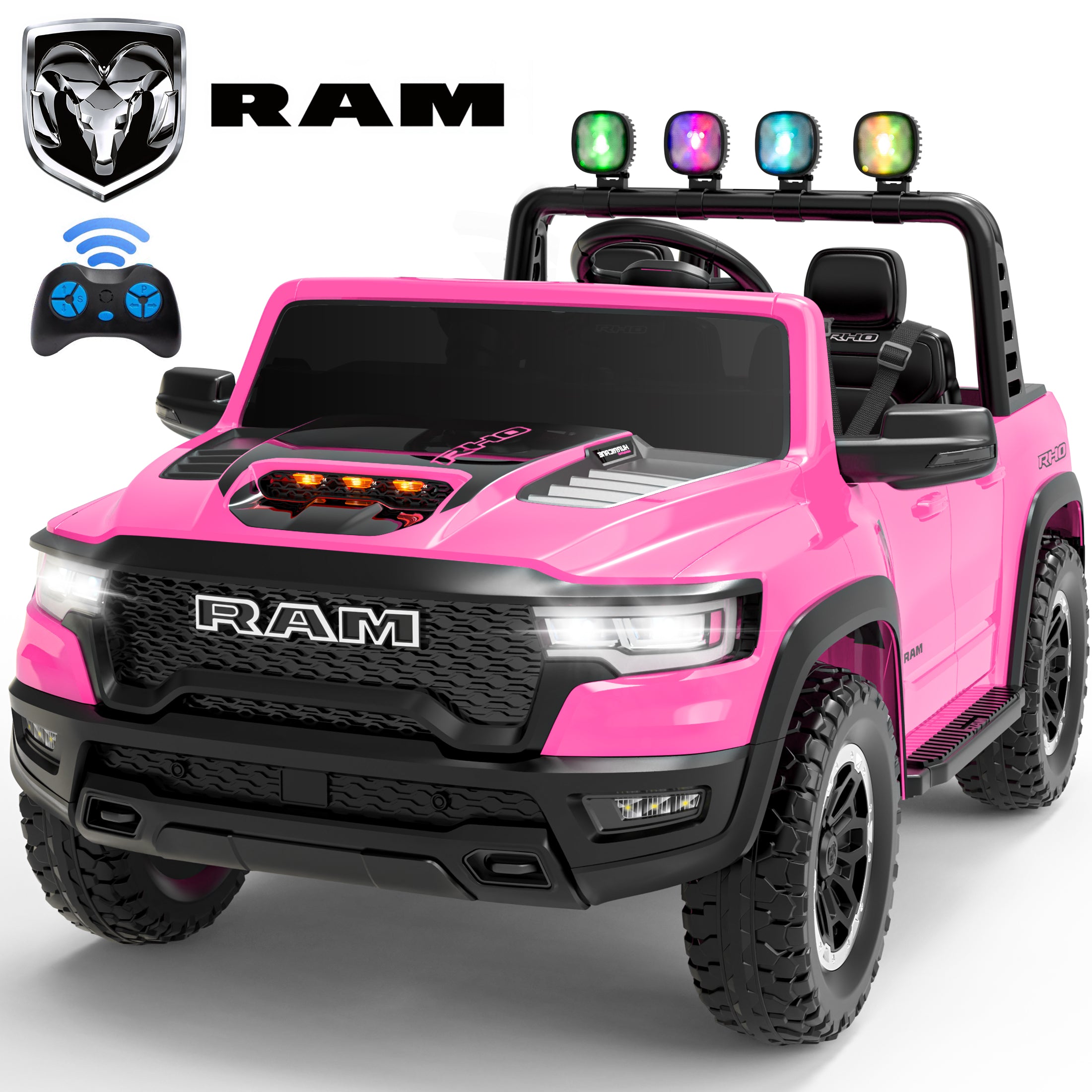 24V 2 Seats Ride On Car for Kids, Licensed RAM RHO 1500 Powered Electric Car with 4 Wheels Spring Suspesion, Ride On Toy for 3-8 Year Boys & Girls with Remote Control, Horm, Siren, LED Lights