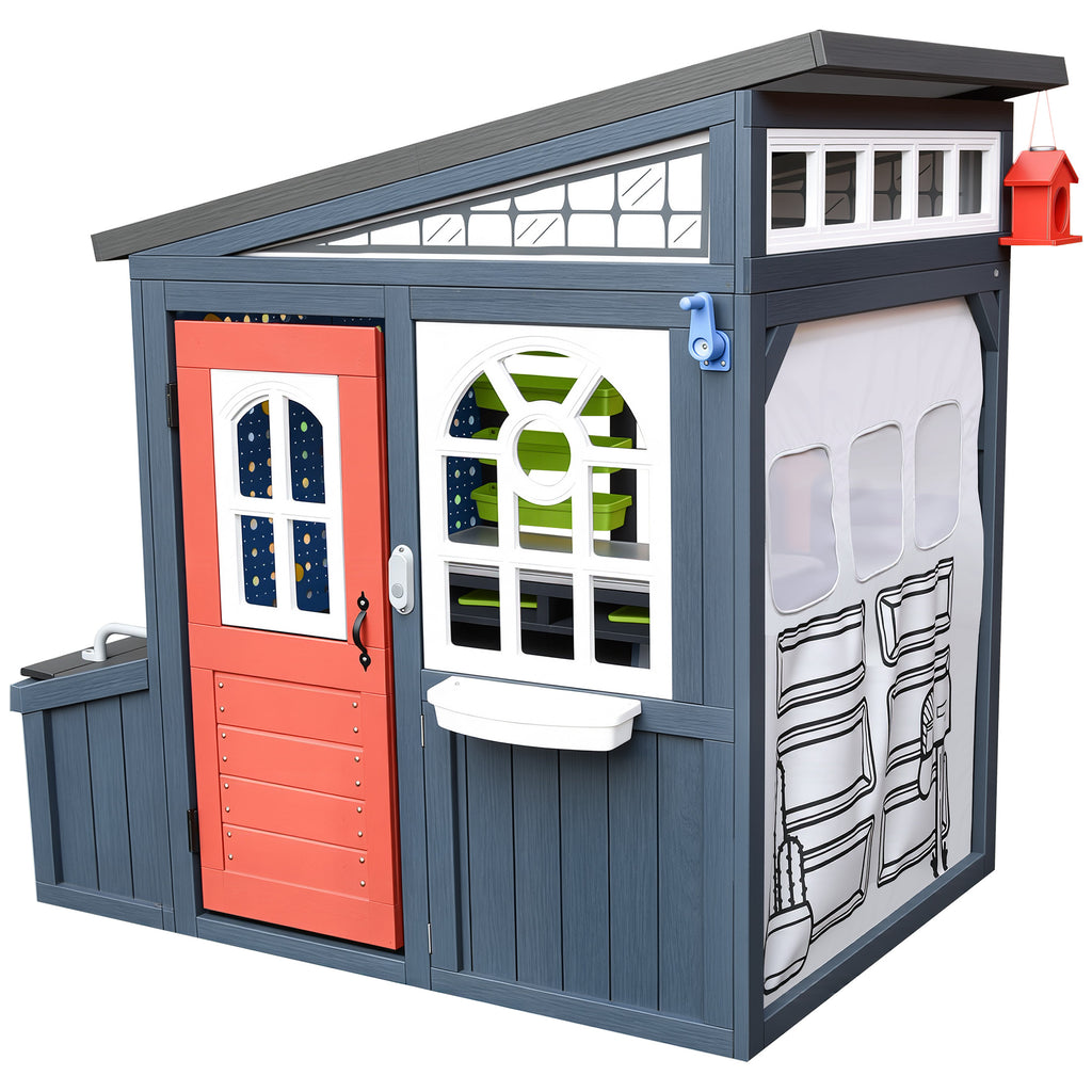COCLUB Outdoor Tool Shed Playhouse for Kids, Wooden Play House with Workbench & Accessories, Blue and Red Toddler Play Set, Toys for Backyard