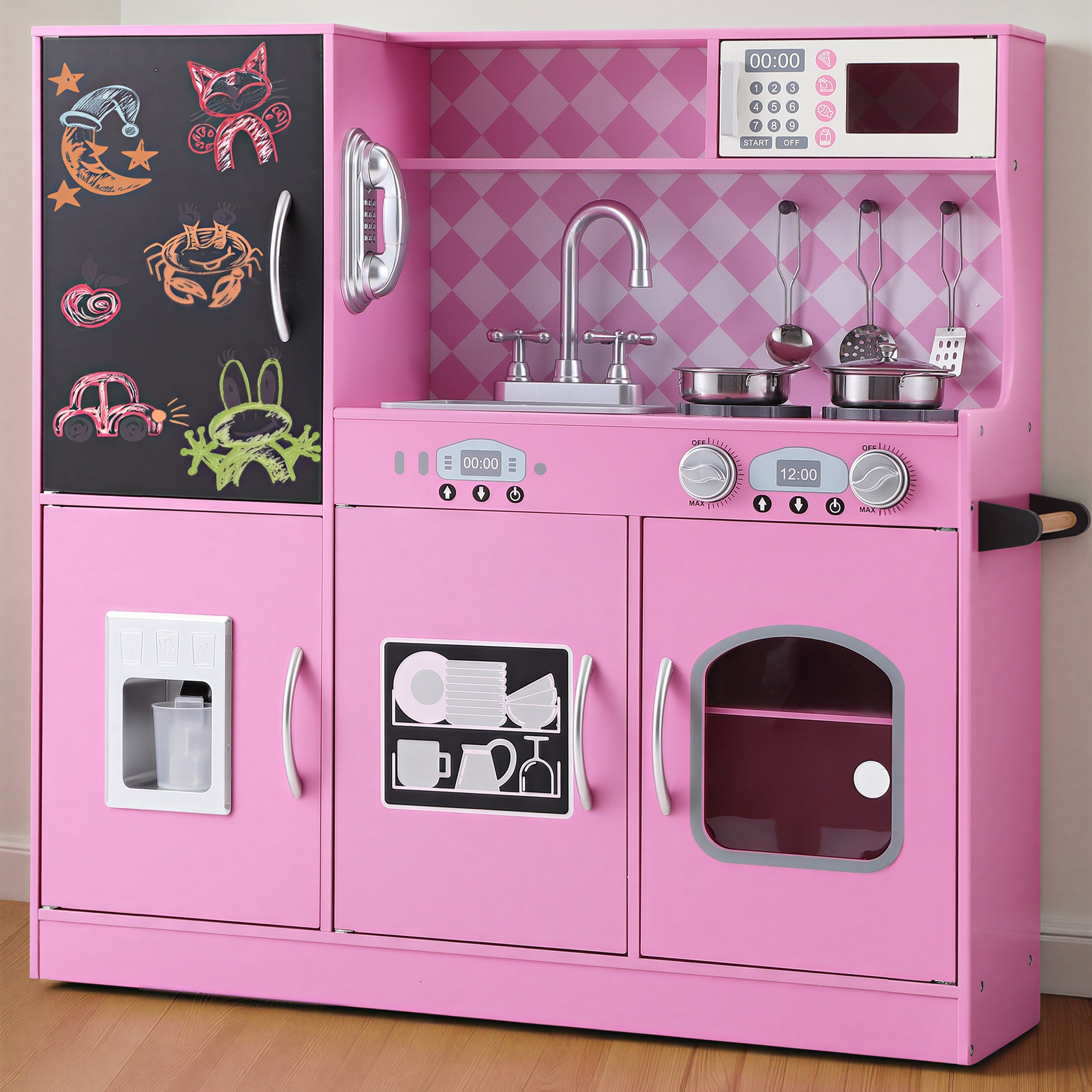 COCLUB Play Kitchen, Wooden Kids Kitchen Playset with Chalkboard, Ice Maker, Play Phone, Cookware Accessories, Microwave Toy Kitchen Gift for Boys Girls Age 3-8 White