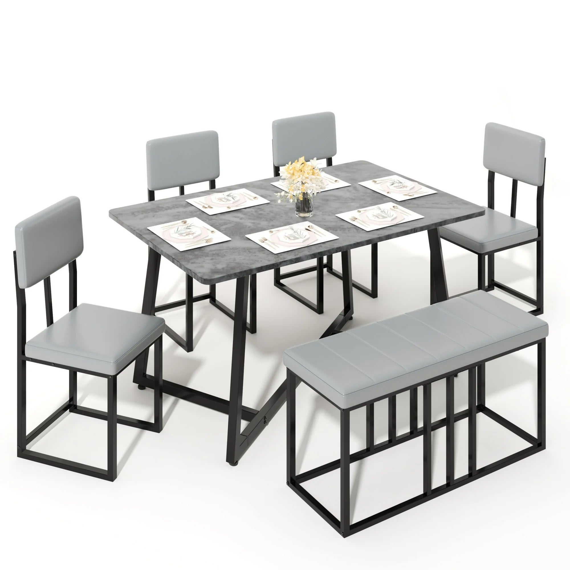 UHOMEPRO Dining Table Set for 6, Modern 6-Piece Dining Set with Rectangular Faux Marble Table, 4 PU Leather Upholstery Chairs and 1 Bench, Kitchen Table Set for Small Place Kitchen, Metal Frame, Gray