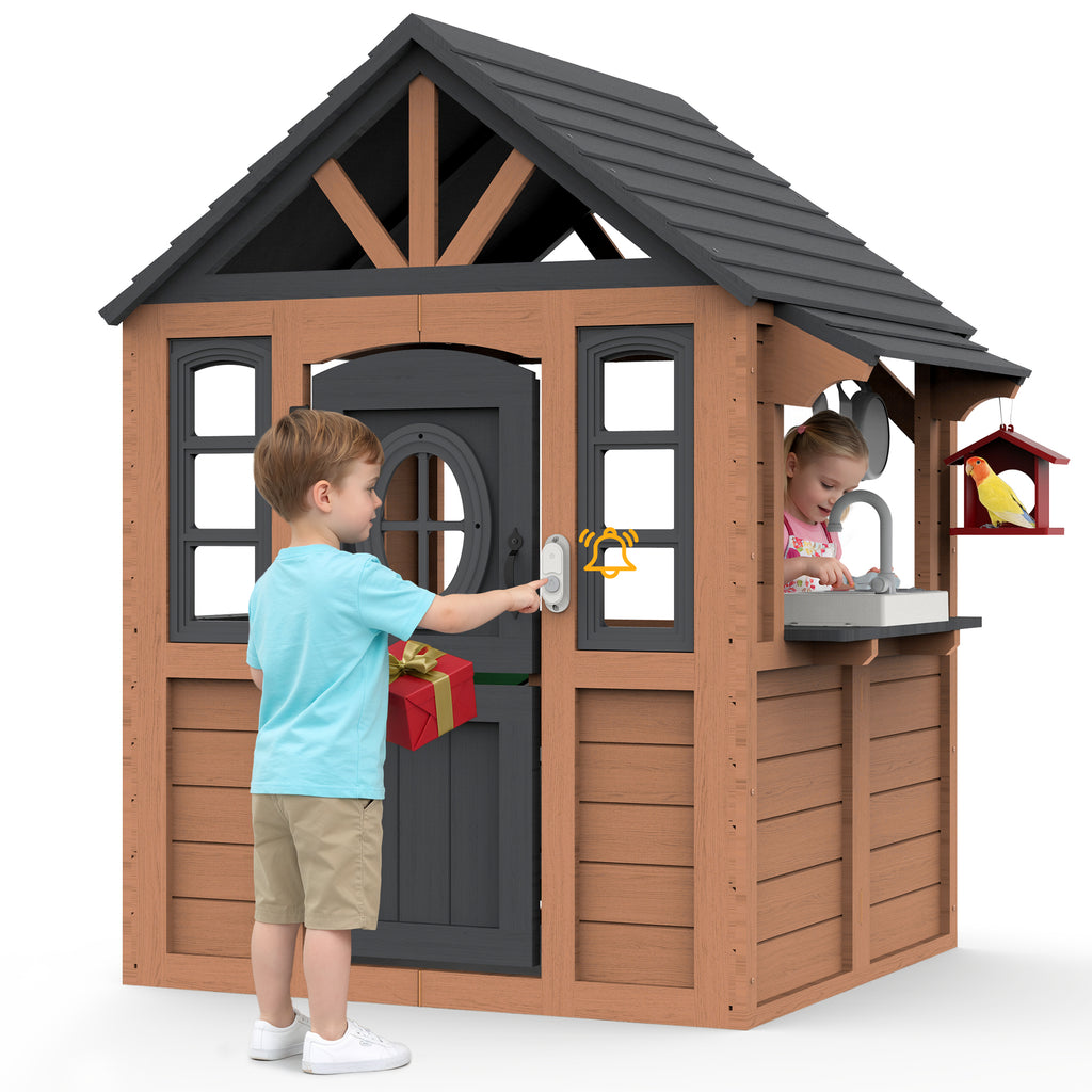 COCLUB Kids Outdoor Playhouse, Wooden Playhouse with Play Kitchen, Working Doorbell, Bird Cage, Pet Door, Backyard Casa de CampañA Para NiñOs Country Style