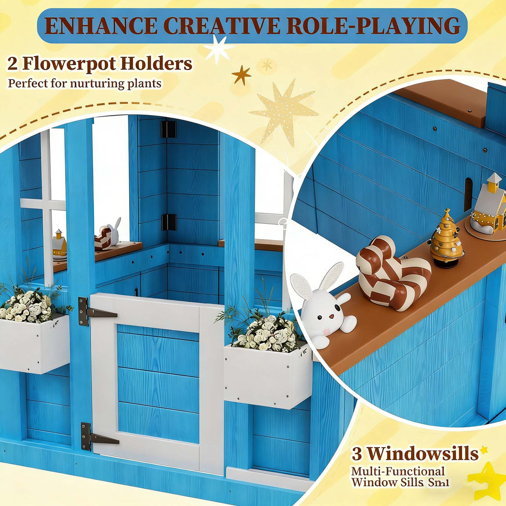 COCLUB Playhouse for Kids, Backyard Playground with Play Kitchen, Snack Bar, Picnic Bench, Dinner Bell, Mailbox, Flowerpot Holders, Outdoor Playhouses for 2 to 10 Year Olds, Wooden Clubhouse Outside