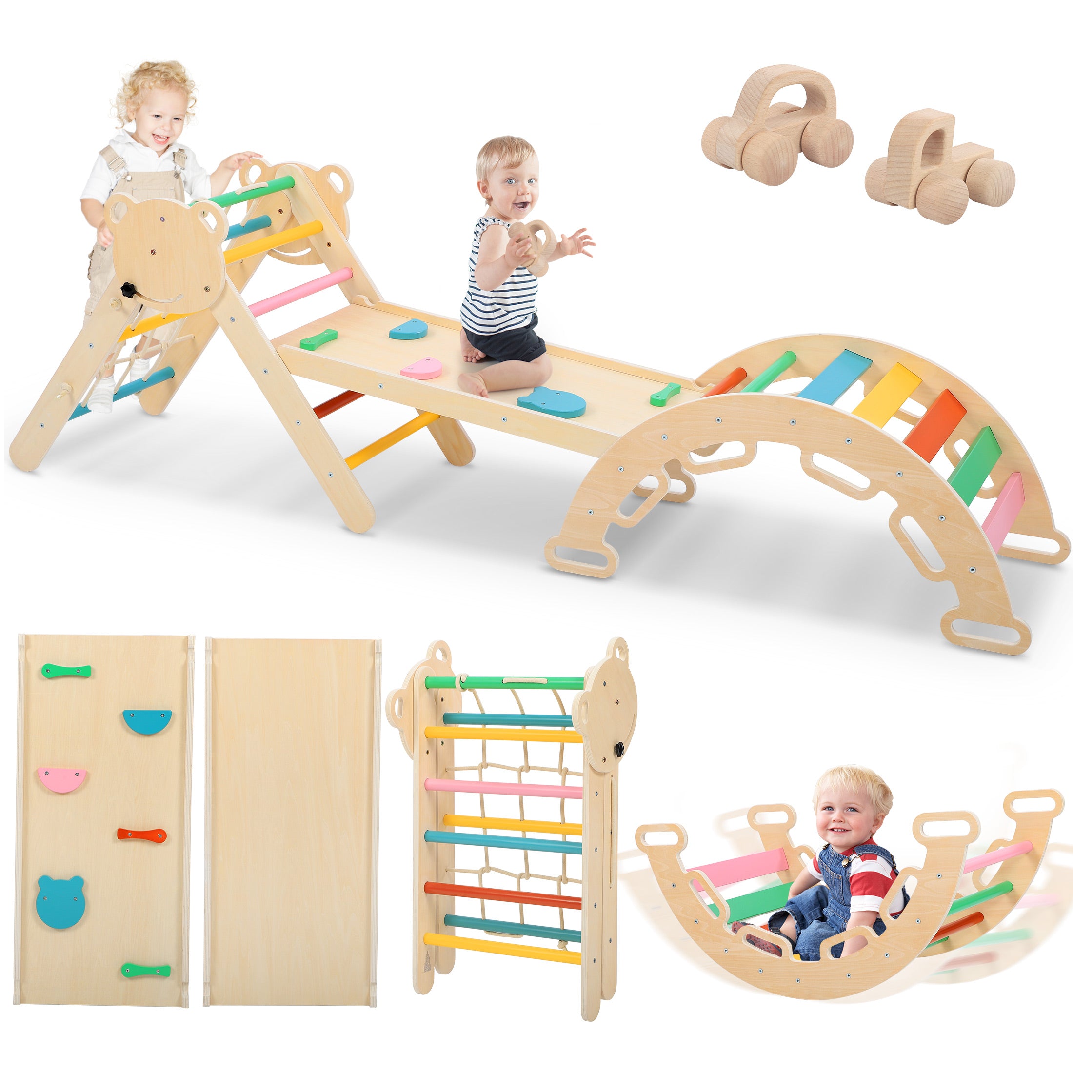 COCLUB Pikler Triangle Climbing Set, 7in1 Toddler Climbing Toys Indoor with Arch&Ramp&Ladder, Climbing Toys for Toddlers 1-3 Inside Gym - Rainbow