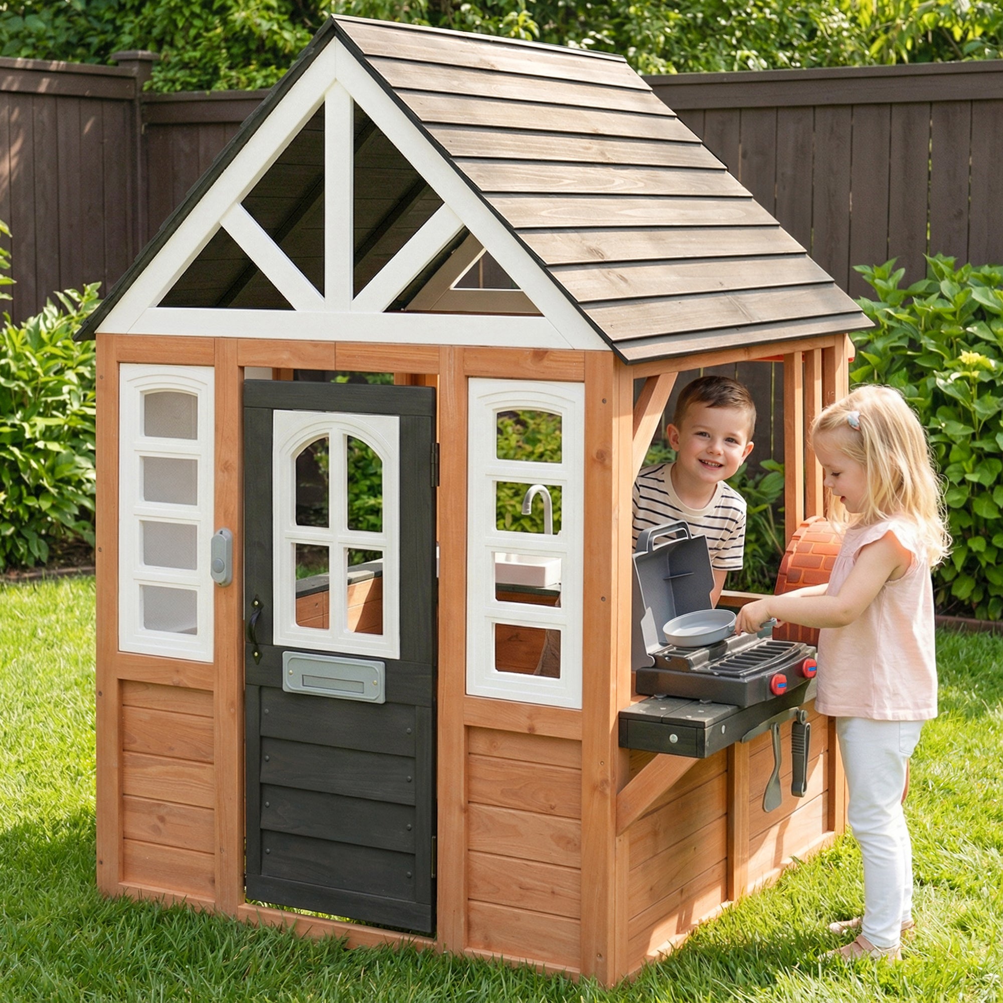 COCLUB Outdoor Tool Shed Playhouse for Kids, Wooden Play House with Workbench & Accessories, Blue and Red Toddler Play Set, Toys for Backyard