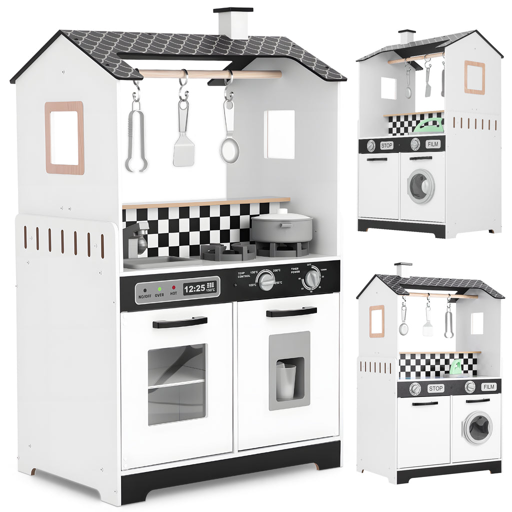 COCLUB 2-in-1 Wooden Play Kitchen & Laundry Center, Kids Kitchen Playset with Realistic Accessories for Pretend Play & Fine Motor Skills, Gift for 3-5 Year Olds