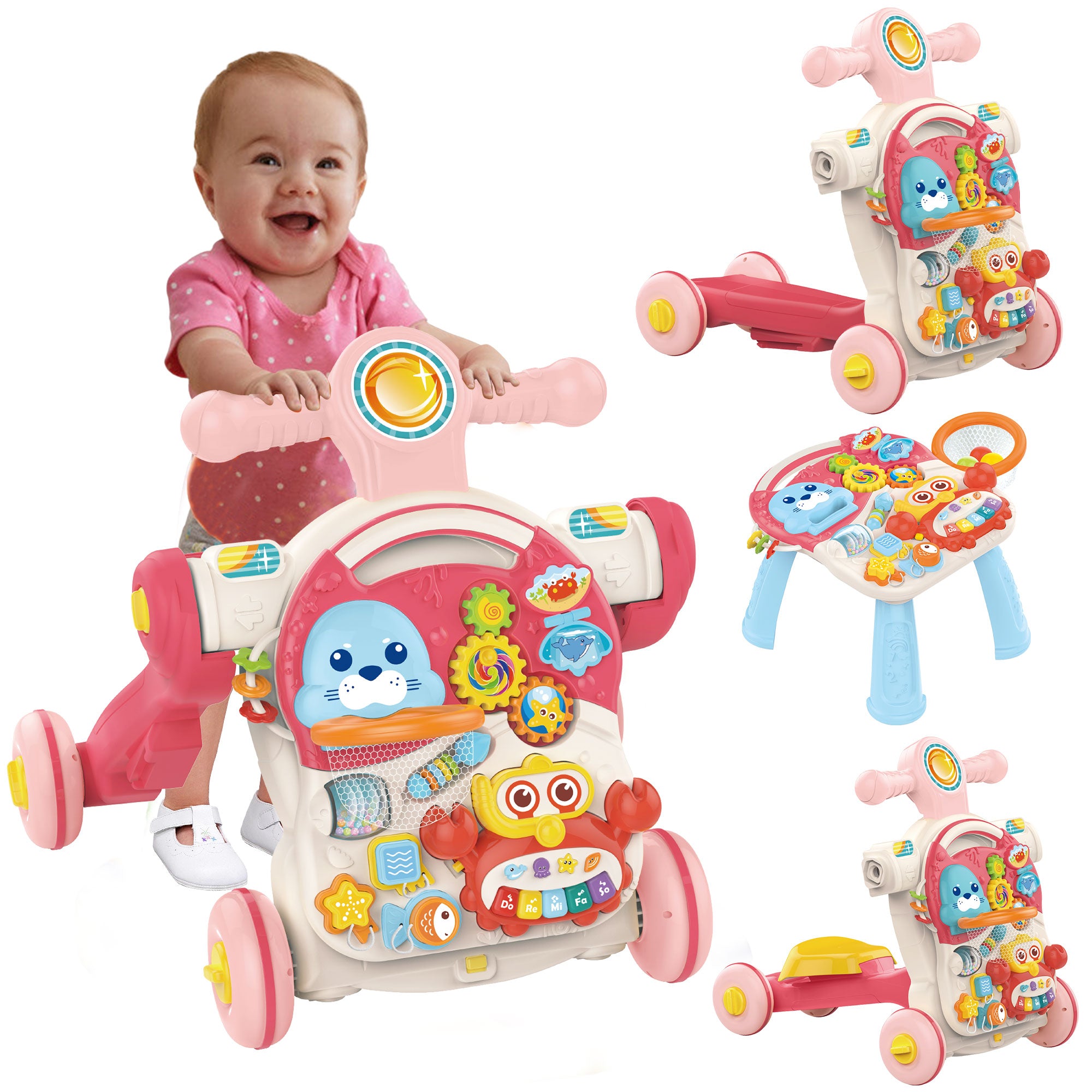 COCLUB Baby Walker Push Toy 5 in 1 Sit-to-Stand Learning Walker for Infant Boys Girls 6-12 Months, Pink