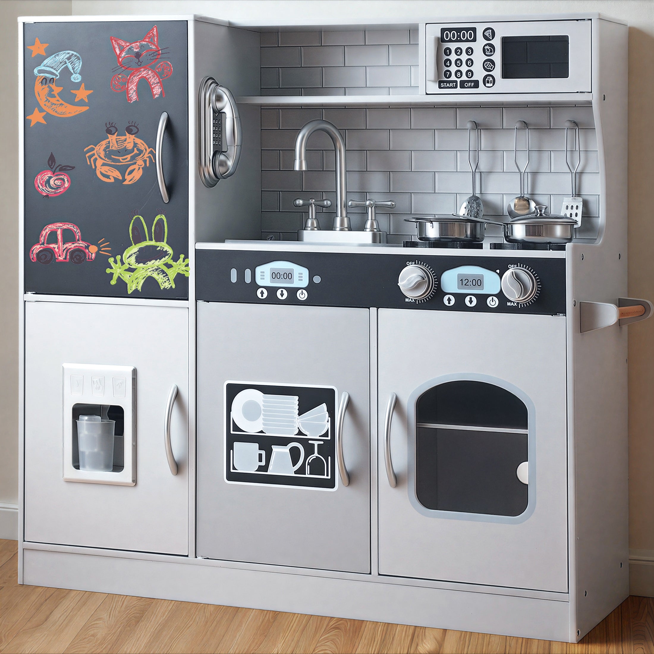 COCLUB Play Kitchen, Wooden Kids Kitchen Playset with Chalkboard, Ice Maker, Play Phone, Cookware Accessories, Microwave Toy Kitchen Gift for Boys Girls Age 3-8 White