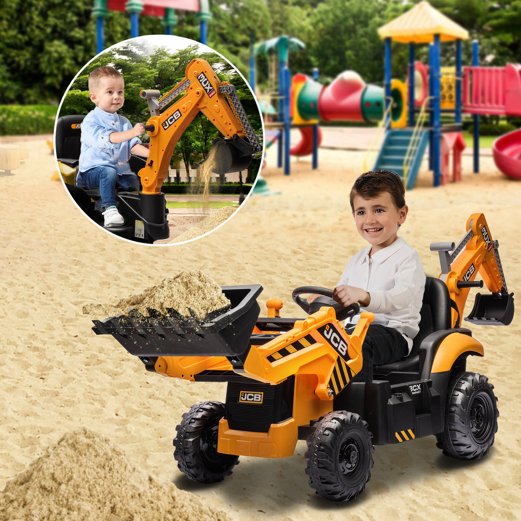 COCLUB 24V Kids JCB Ride on Excavator, Backhoe Toys for Boys with Reversible Seat, Removable Front & Rear Arms, Remote Control, Big Digger Construction Car for Kids 3-5
