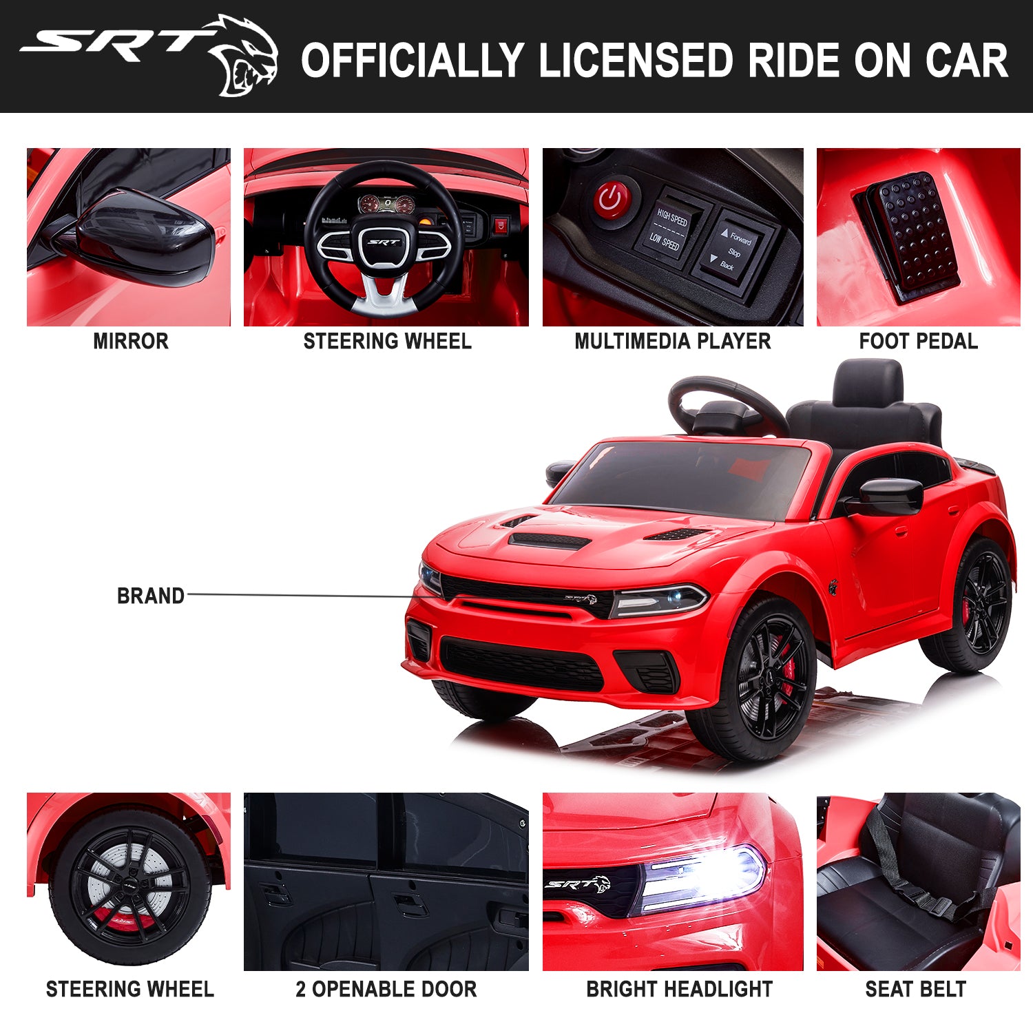 12V Ride On Car, Dodge Charger Powered Electric Car with Battery Powered, Bluetooth, Remote Control, LED Light, Ride On Toy for Ages 3+ Kids
