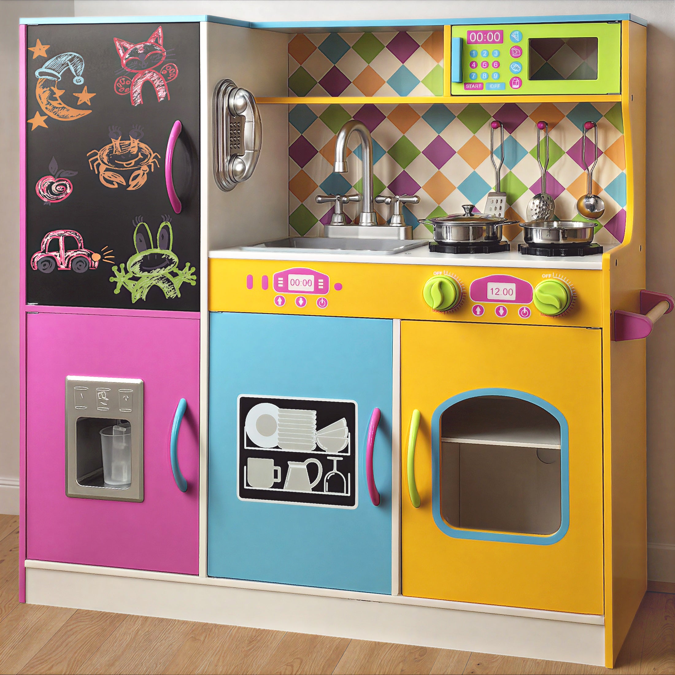 COCLUB Play Kitchen, Wooden Kids Kitchen Playset with Chalkboard, Ice Maker, Play Phone, Cookware Accessories, Microwave Toy Kitchen Gift for Boys Girls Age 3-8 White