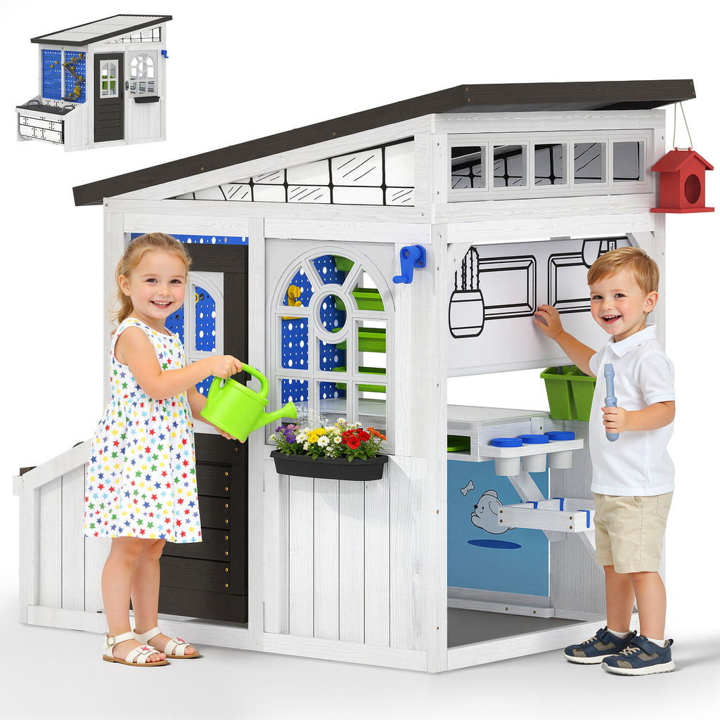 COCLUB Outdoor Wooden Playhouse with Play Tool Shed & Pegboard Play Wall, Kids Todder Ages 3+