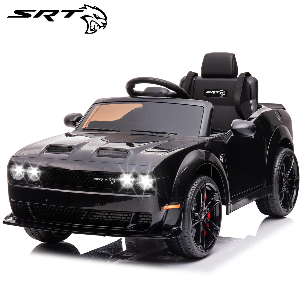 Kids Electric Car, Dodge Challenger SRT Ride on Car, 12V7Ah Battery Powered Electric Vehicle, Kids Hellcat 4-Wheels Ride on Toys with Remote Control, 3 Speeds, LED Headlights, Music Player (Black)