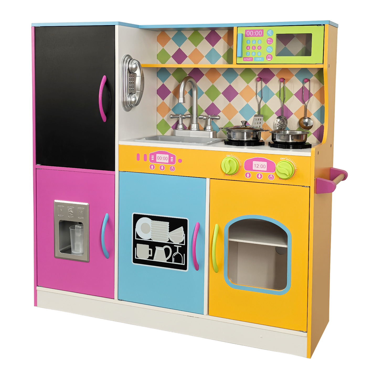 COCLUB Play Kitchen, Wooden Kids Kitchen Playset with Chalkboard, Ice Maker, Play Phone, Cookware Accessories, Microwave Toy Kitchen Gift for Boys Girls Age 3-8 White