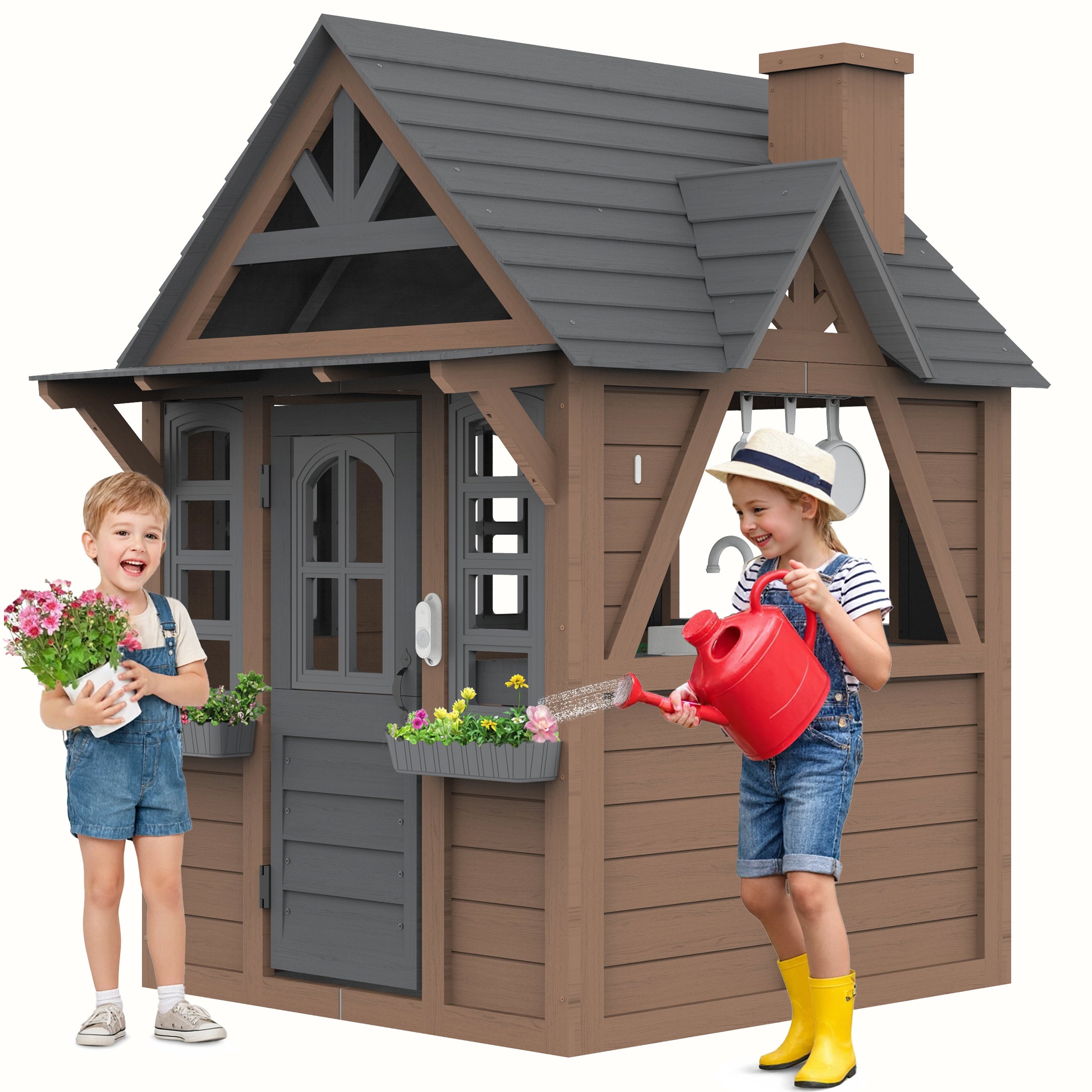 COCLUB Outdoor Playhouse for Kids Ages 4-8, Wooden Play House with Doorbell, Phone, Kitchen Toys, Outdoor Kids Play Equipment, Casa Para Niñas (45”L x 65”H), White & Black