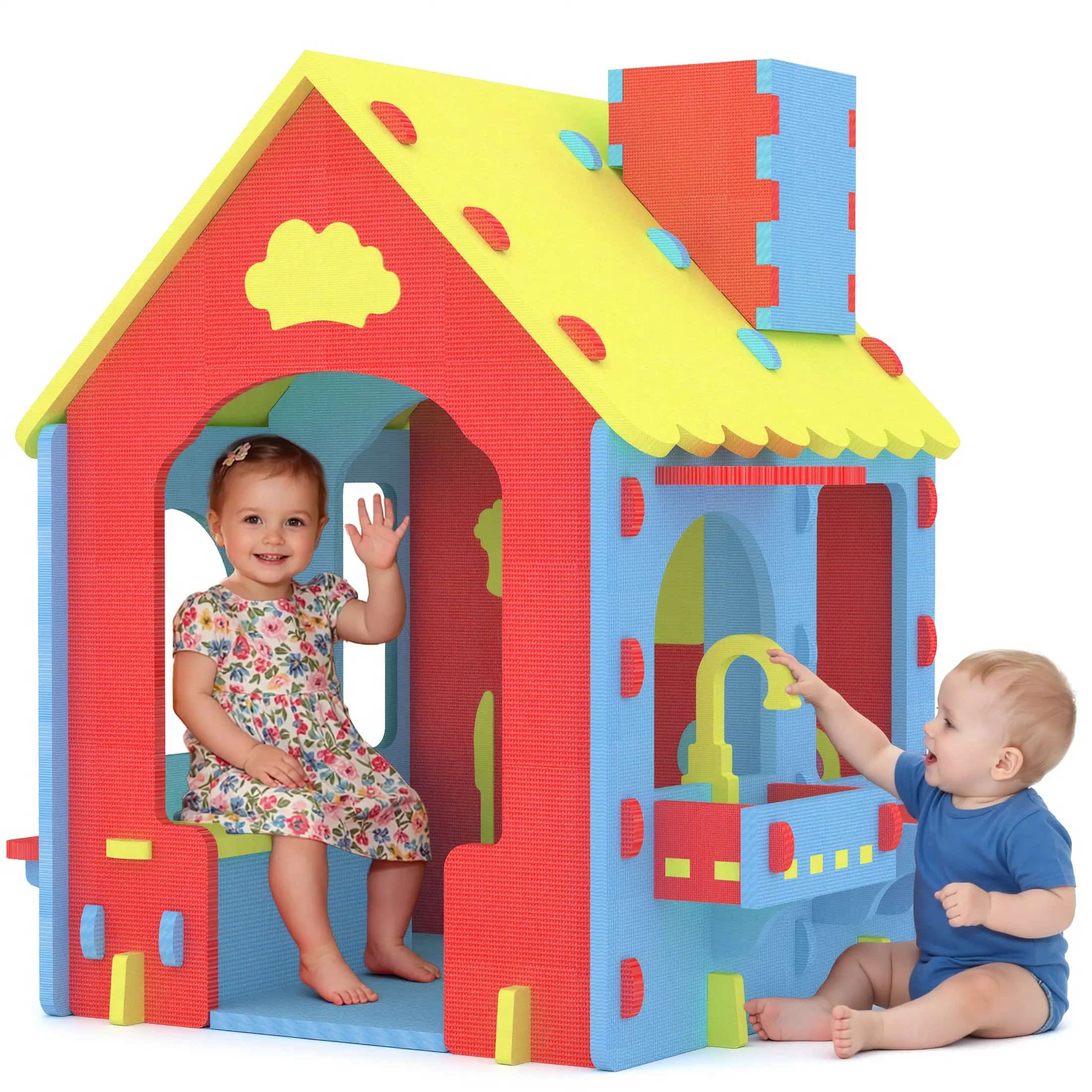 COCLUB Playhouse for Kids Indoor EVA Foam, with Kitchen Playset Playroom Toys for Toddlers 2-4, Indoor Playground for Boys and Girls, Red, Blue and Yellow