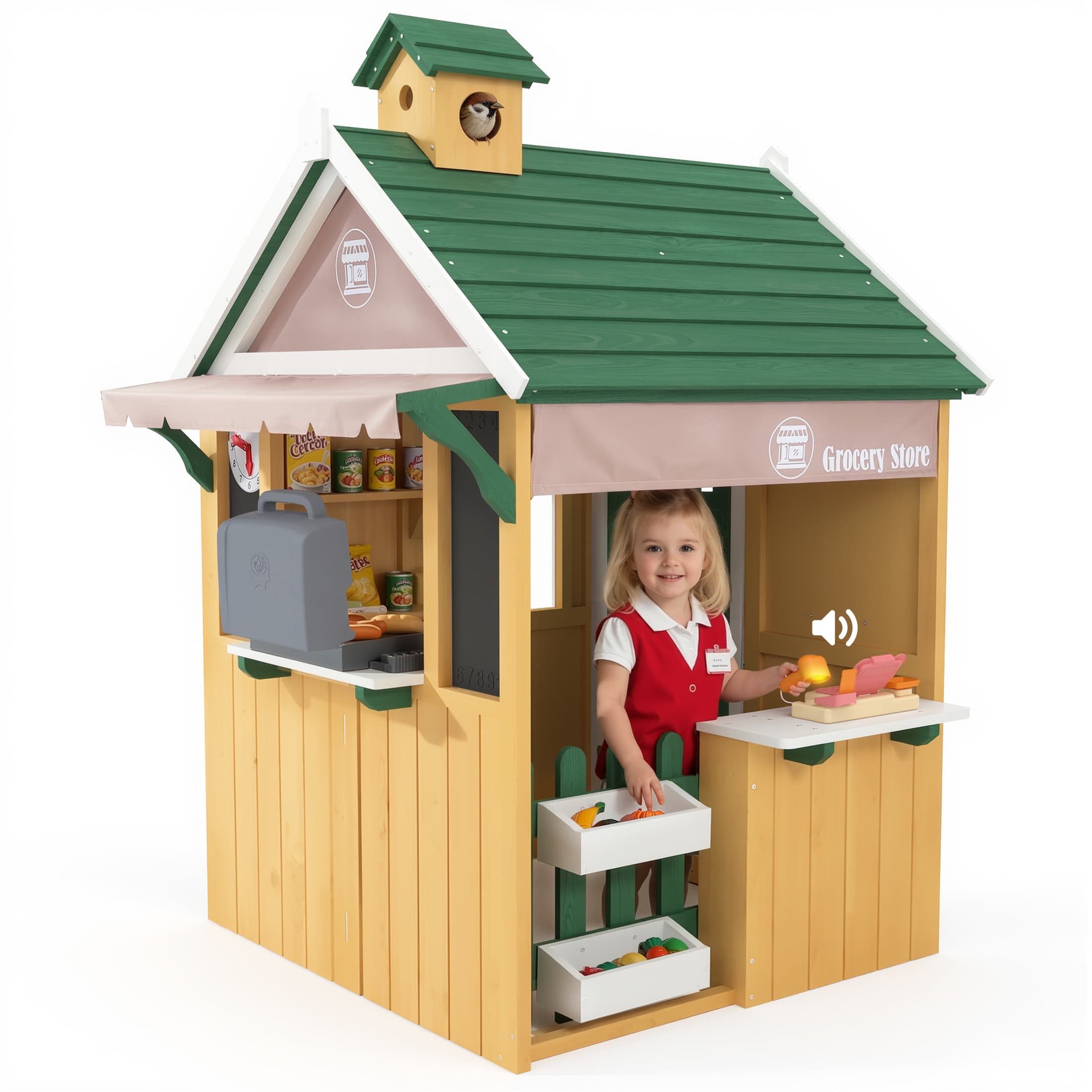 COCLUB Playhouses for Kids Outside, Grocery Store Pretend Play w/ Toy Cash Register and Pretend Food, Wood Casitas Para NiñAs w/Easy Bake Oven, Cooking Toys, Mailbox, Backyard Play House White