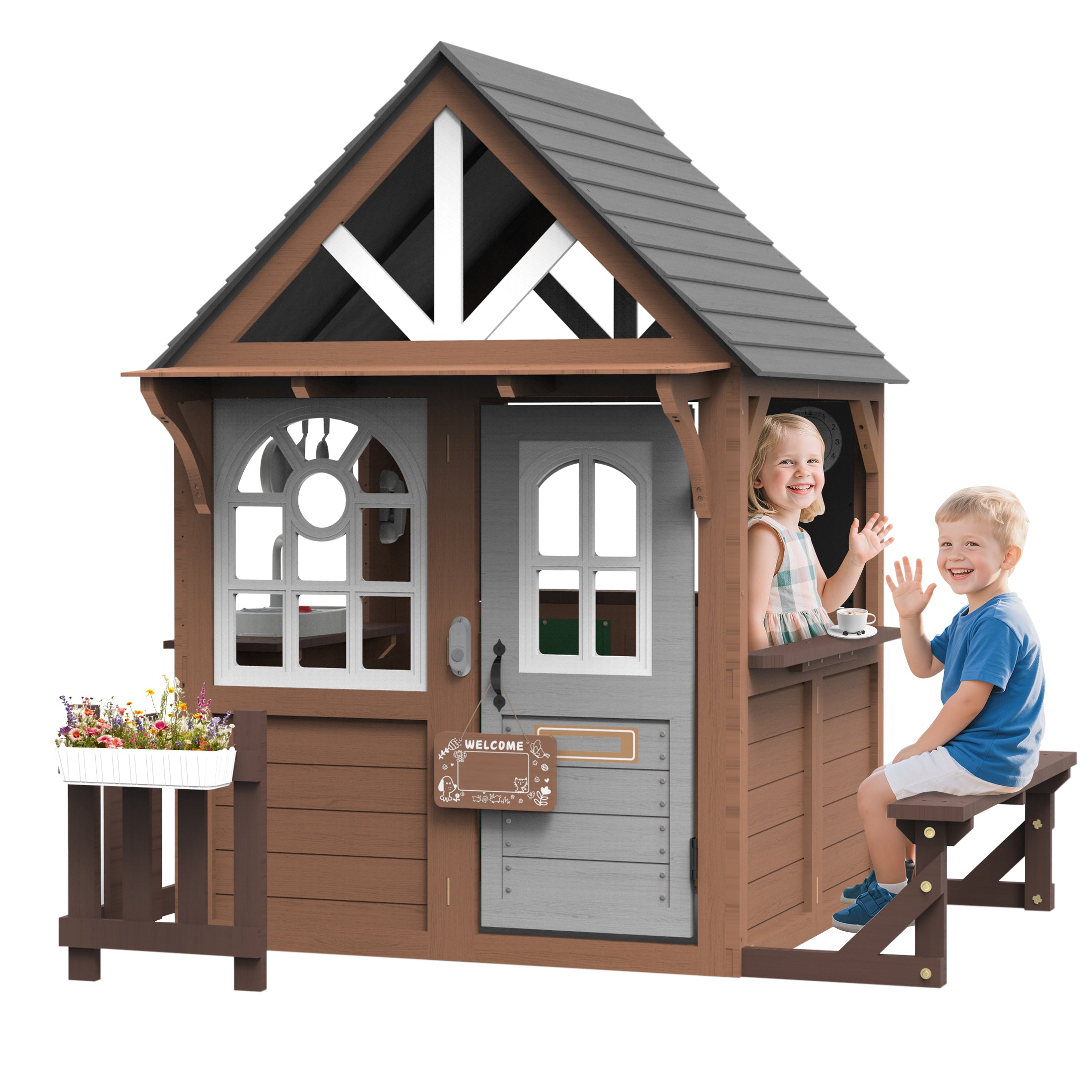 COCLUB Outdoor Playhouse, Wooden Playhouse for Kids Toddlers Outdoor with Bench/Fence/Kitchen/Door Nameplate/Pretend Phone, Girls Boys Outdoor Toy Gift for Ages 3+, 62.99"(W)* 67.32"(L) * 65.35"(H)