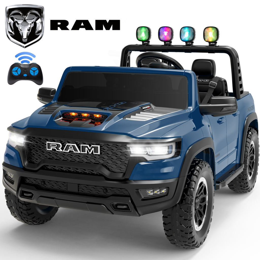 24V 2 Seats Ride On Car for Kids, Licensed RAM RHO 1500 Powered Electric Car with 4 Wheels Spring Suspesion, Ride On Toy for 3-8 Year Boys & Girls with Remote Control, Horm, Siren, LED Lights