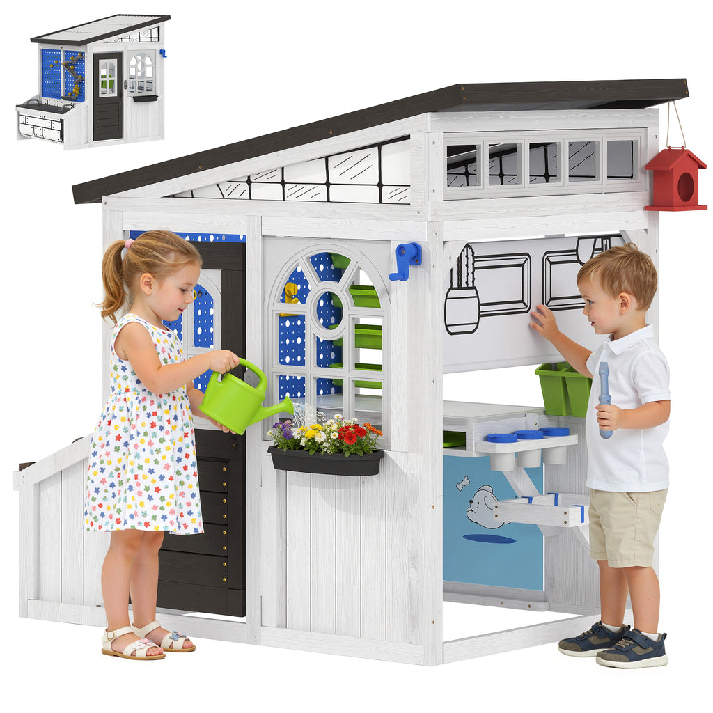 COCLUB Storage Shed Outdoor Wooden Playhouse with Workbench/ Pegboard& Ball Track, Kids Todder Ages 3+