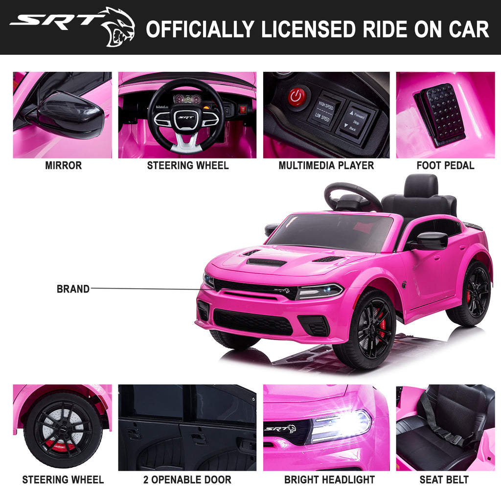 12V Ride On Car, Dodge Charger Powered Electric Car with Battery Powered, Bluetooth, Remote Control, LED Light, Ride On Toy for Ages 3+ Kids